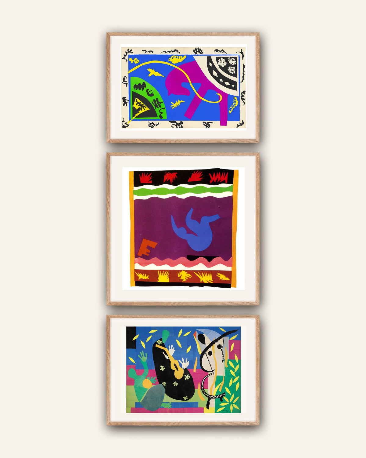 Matisse posters, set van 3: Paard, ruiter en clown, De slee, De smarten van de koning, in naturel eikenhouten lijsten