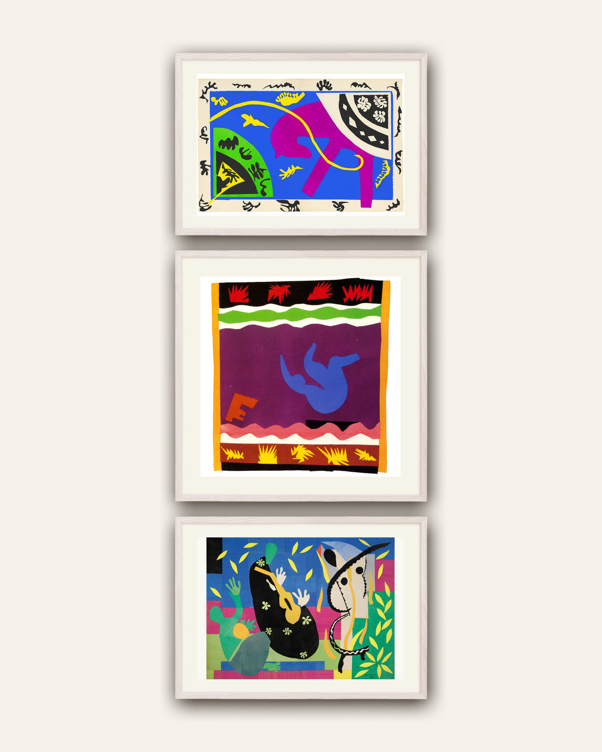 Matisse posters, set van 3: Paard, ruiter en clown, De slee, De smarten van de koning, in witte eikenhouten lijsten