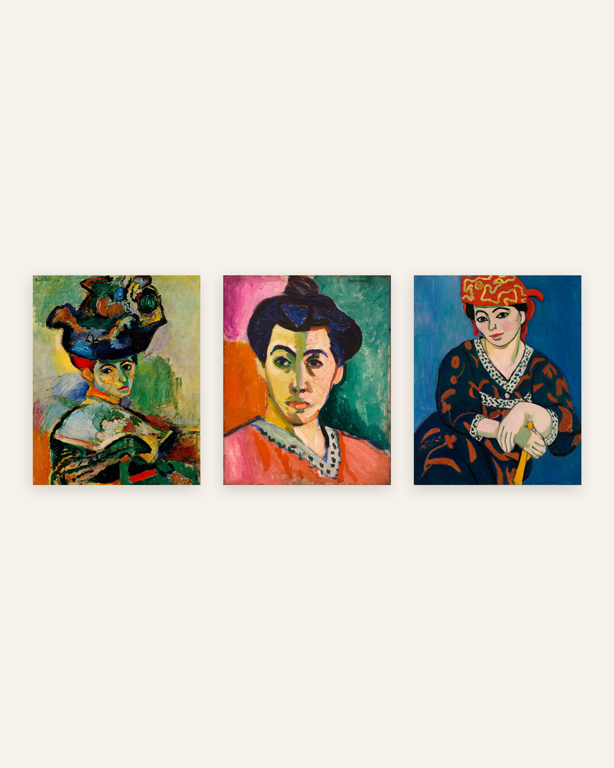 Matisse posters, set van 3 fauvistische portretten: Vrouw met hoed, Madame Matisse en Rode madras-hoofddoek, zonder lijst