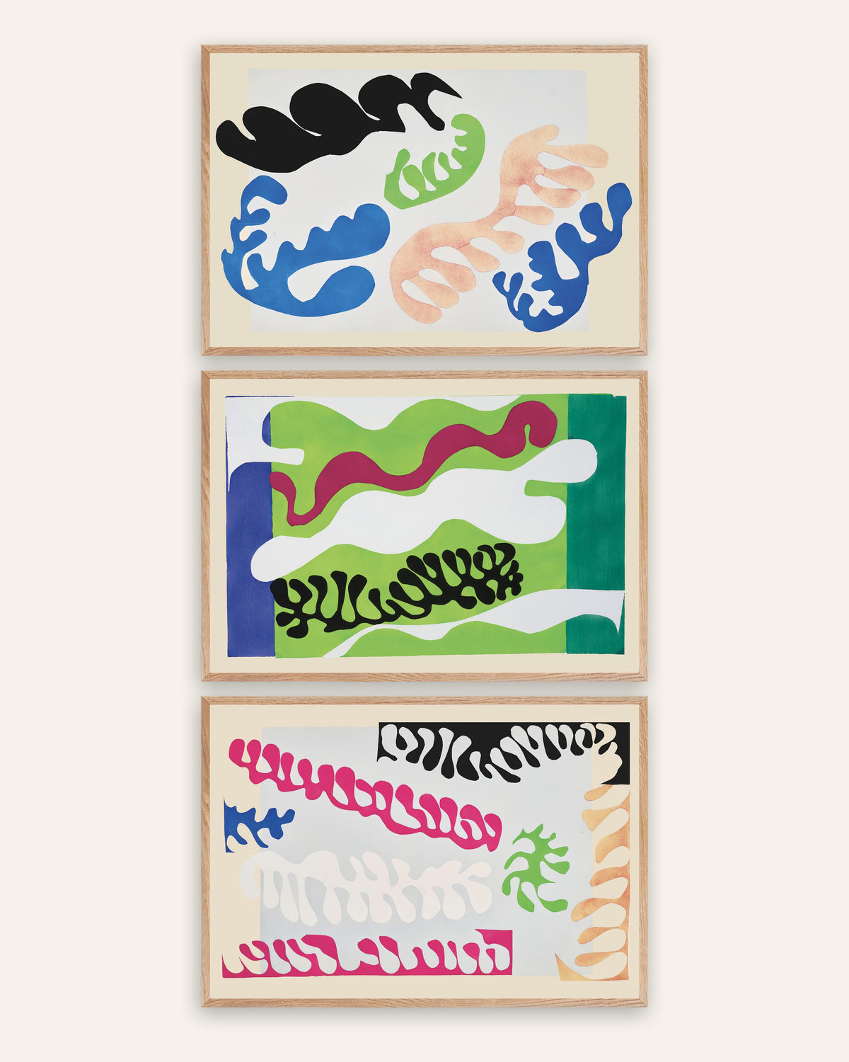 Affiches Matisse Jazz, lot de 3 : Le Lagon en bleu, en vert et en rose, cadres en chêne naturel