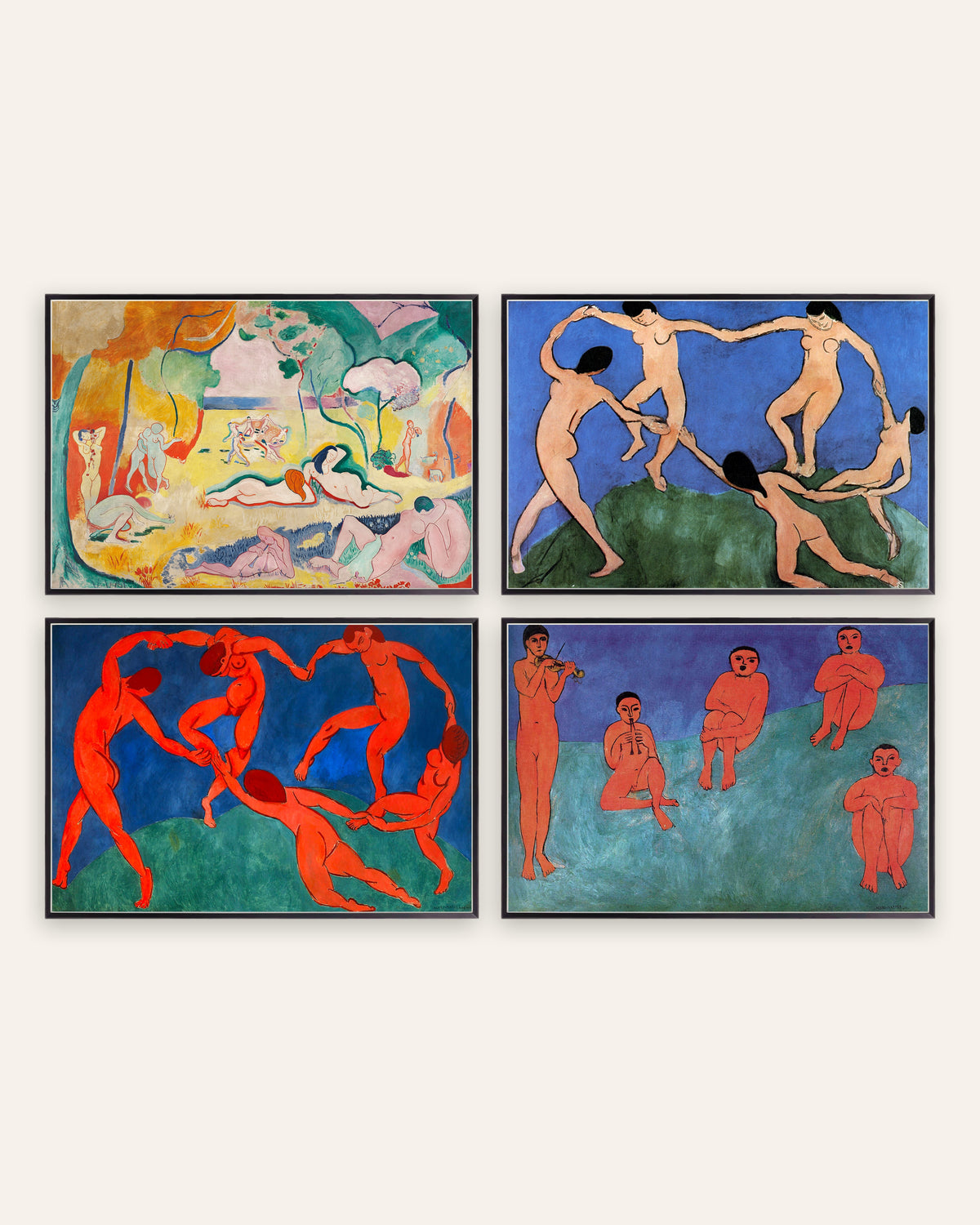 Matisse posters, set van 4: De vreugde van het leven, De dans I en II en Muziek, in zwarte metalen lijsten
