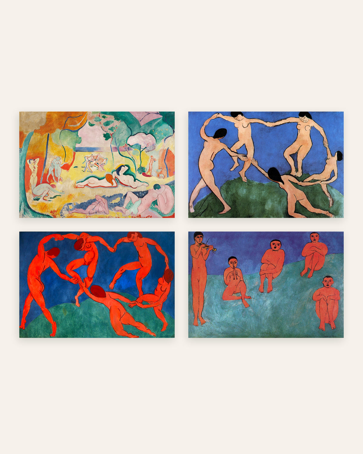 Matisse posters, set van 4: De vreugde van het leven, De dans I en II en Muziek, zonder lijst