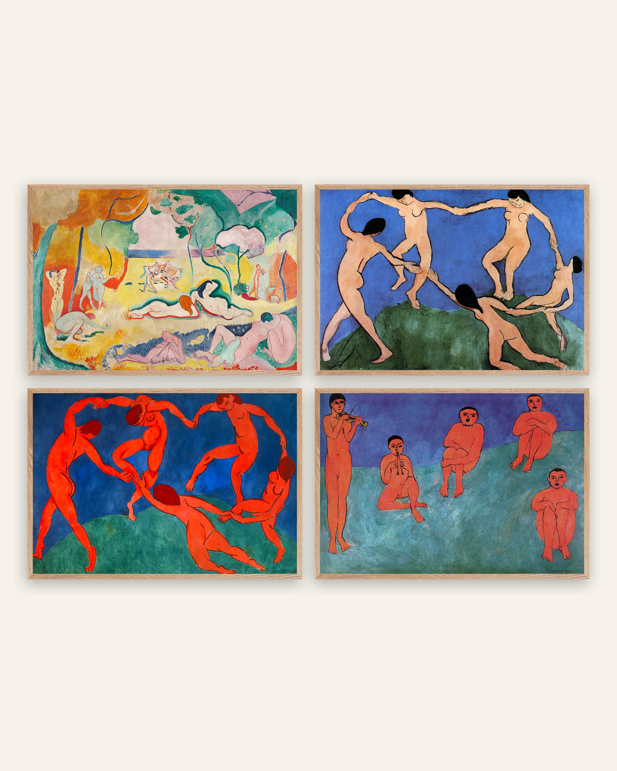 Matisse posters, set van 4: De vreugde van het leven, De dans I en II en Muziek, in naturel eikenhouten lijsten