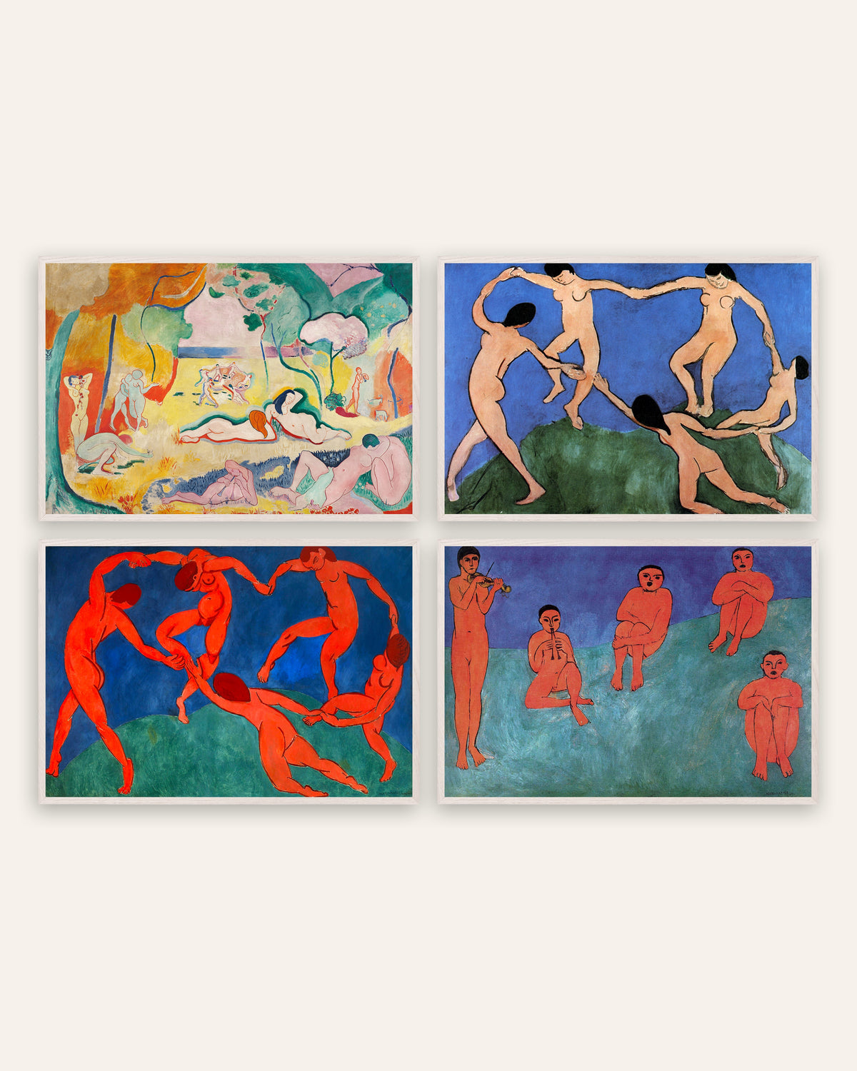 Matisse posters, set van 4: De vreugde van het leven, De dans I en II en Muziek, in witte eikenhouten lijsten