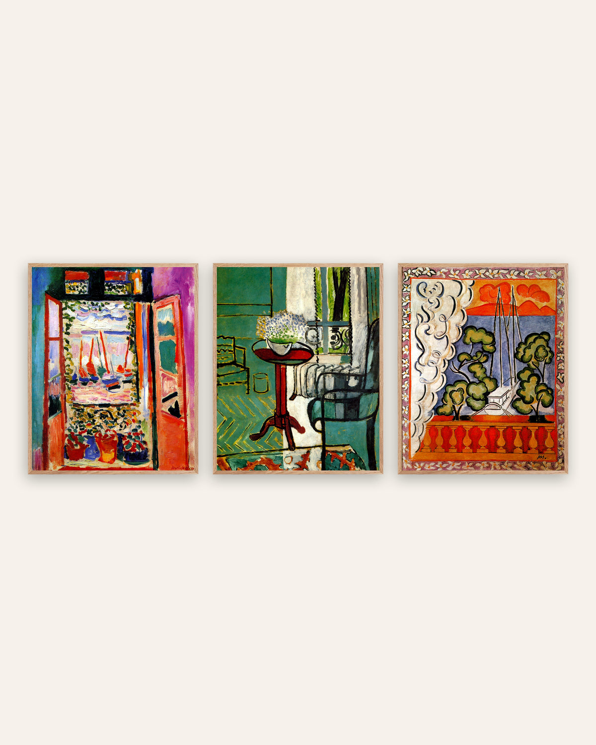 Matisse posters, set van 3: ramen in Collioure, met vergeet-mij-nietjes en op Tahiti, in naturel eikenhouten lijsten