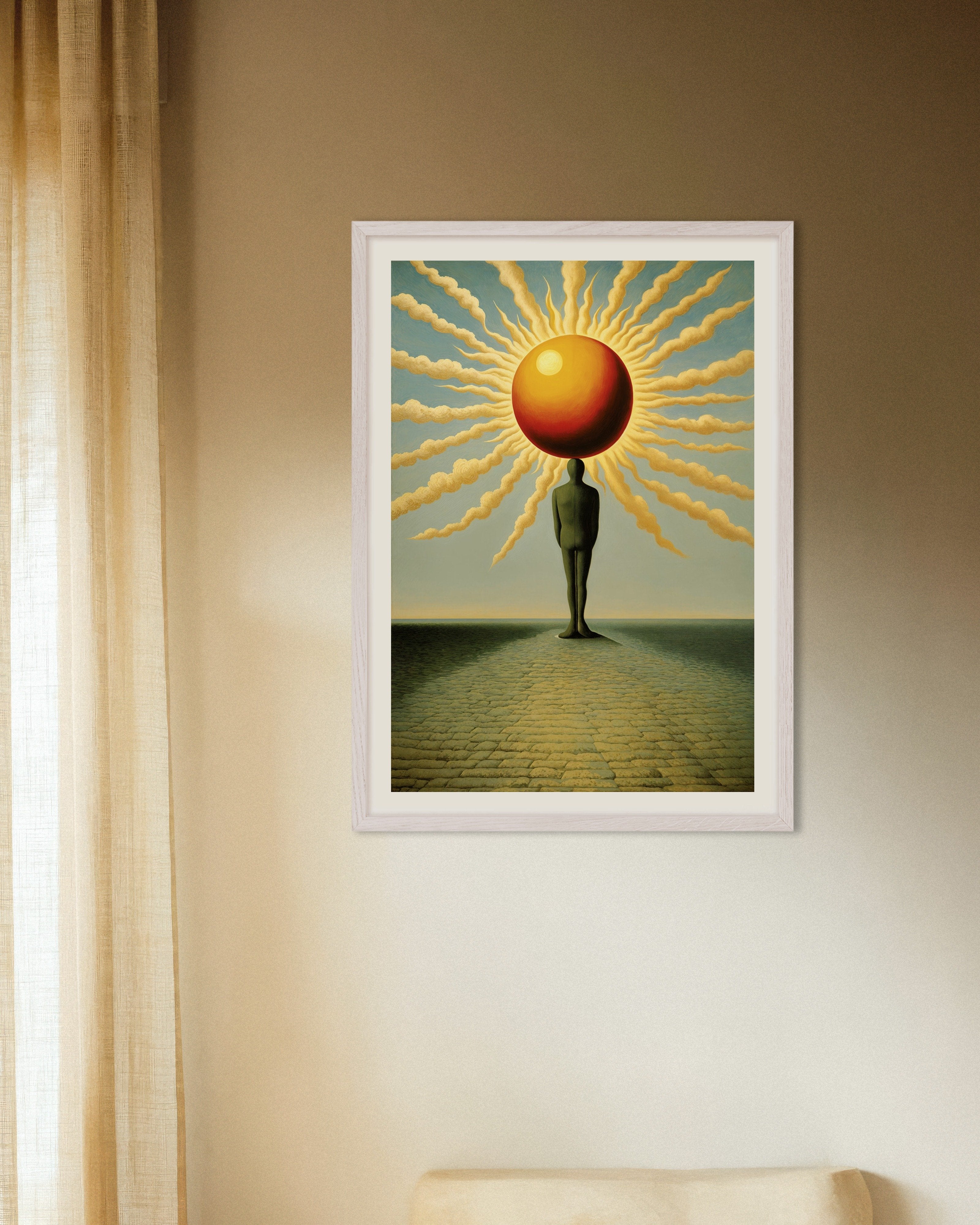 Poster of Men of Light - Surreal Sun & Silhouette, with white wooden frame