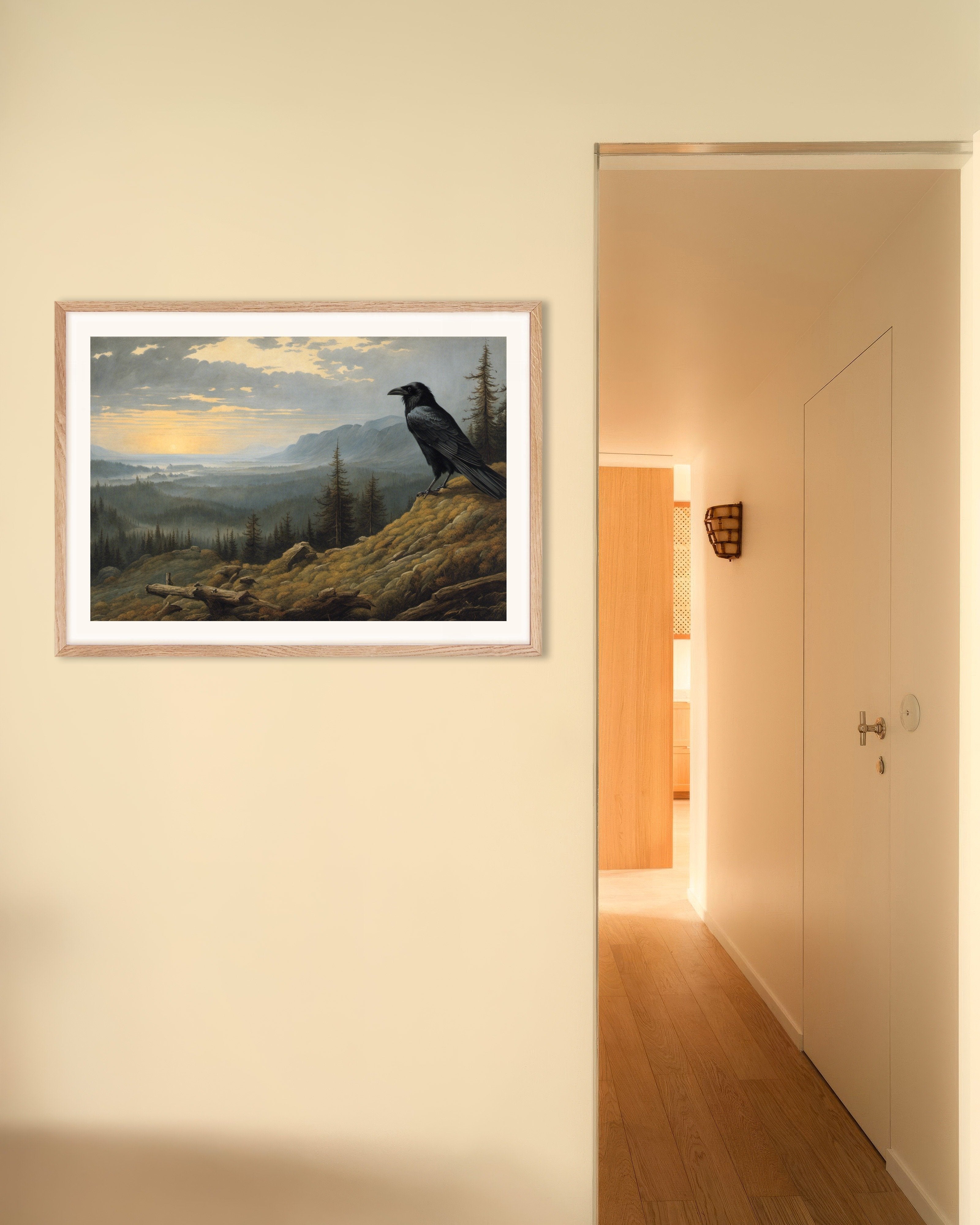 Poster of Mesmerizing landscapes invoking spiritual introspection, a crow - Poster, with natural wooden frame