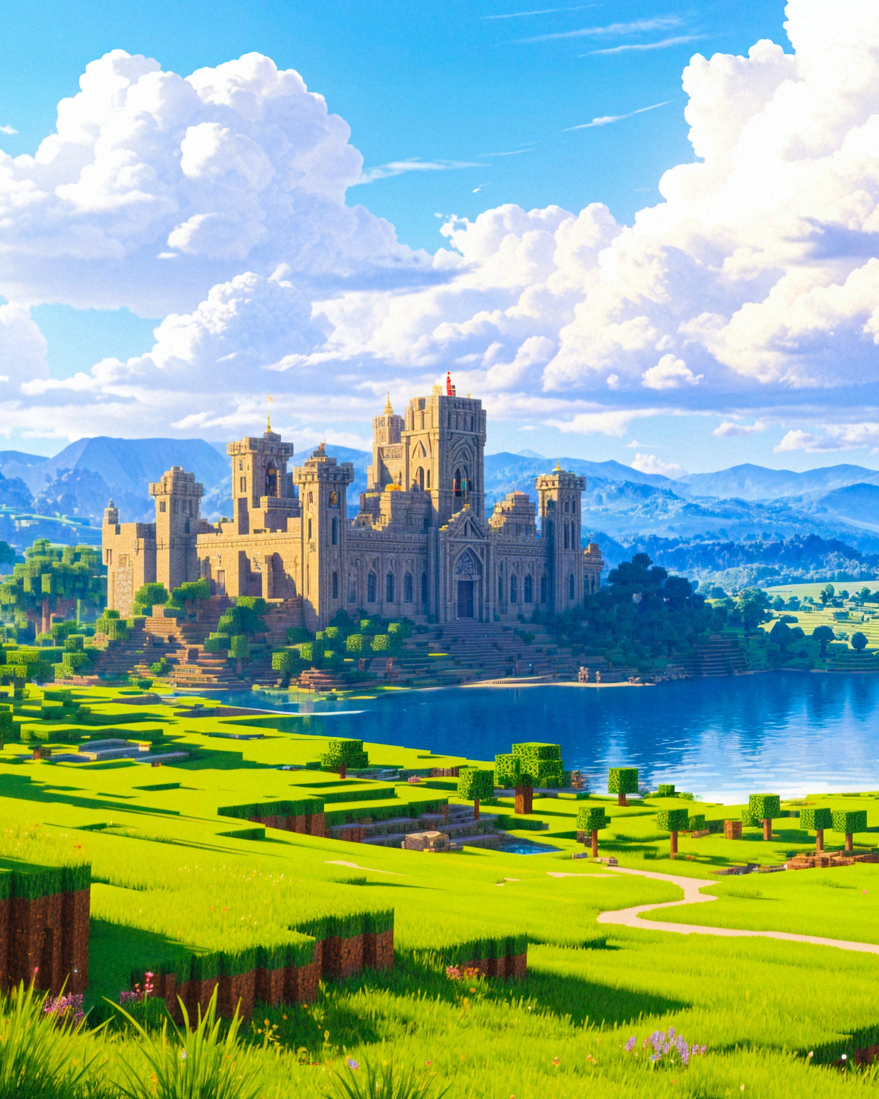 Minecraft, château et lac - Affiche
