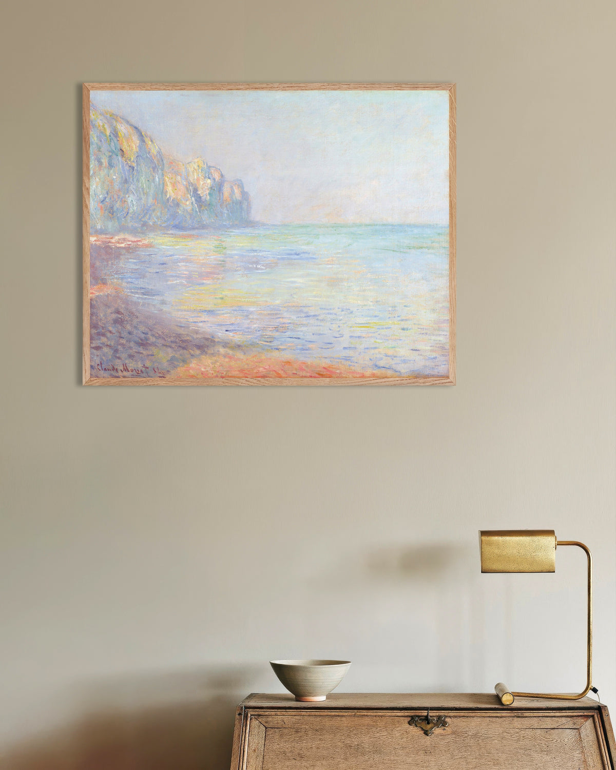 Affiche Le Matin, temps brumeux, Pourville (1882) de Claude Monet, avec un cadre en bois naturel
