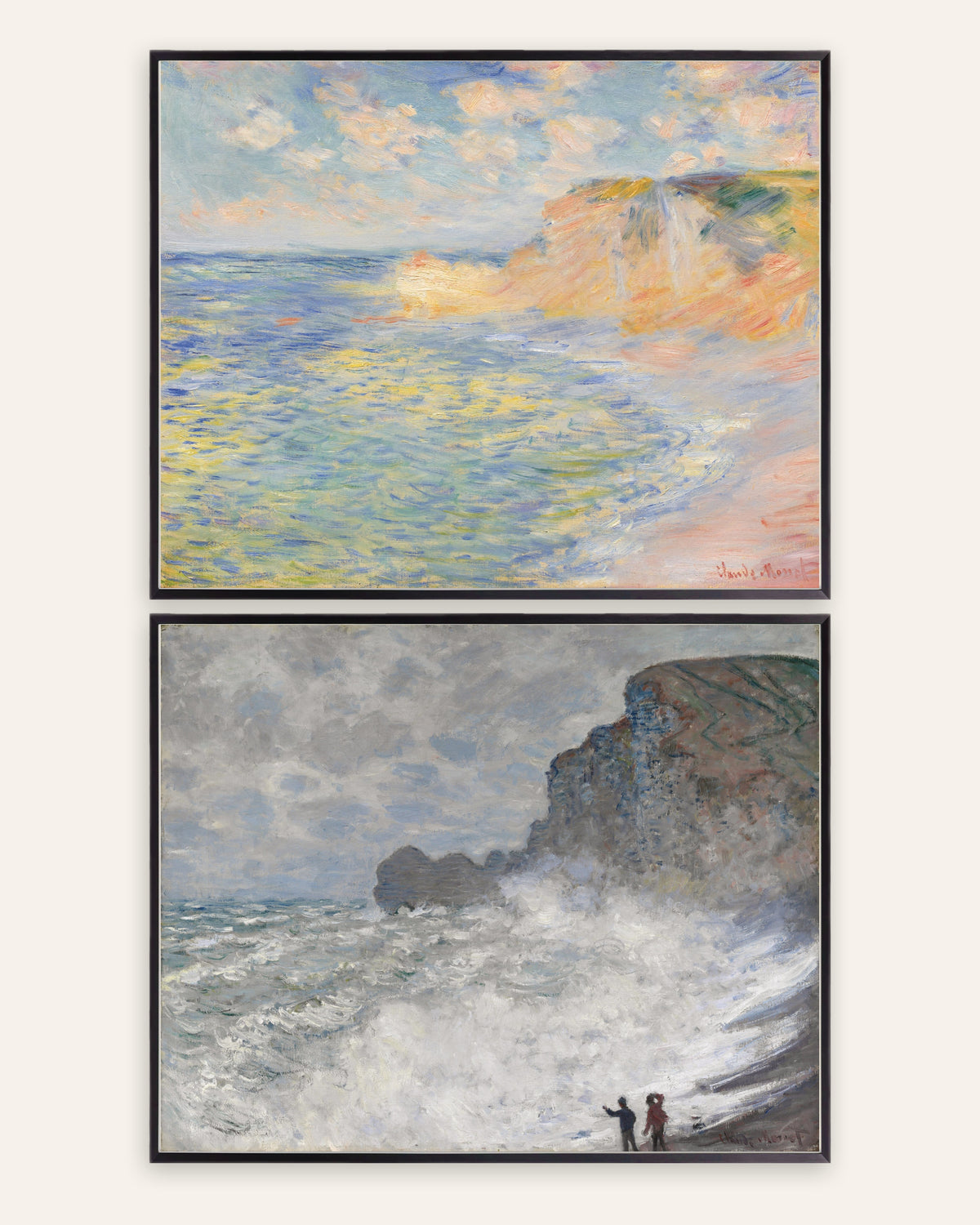 Monet Étretat posters, set van 2: Falaise d’Amont en storm, in zwarte metalen lijsten