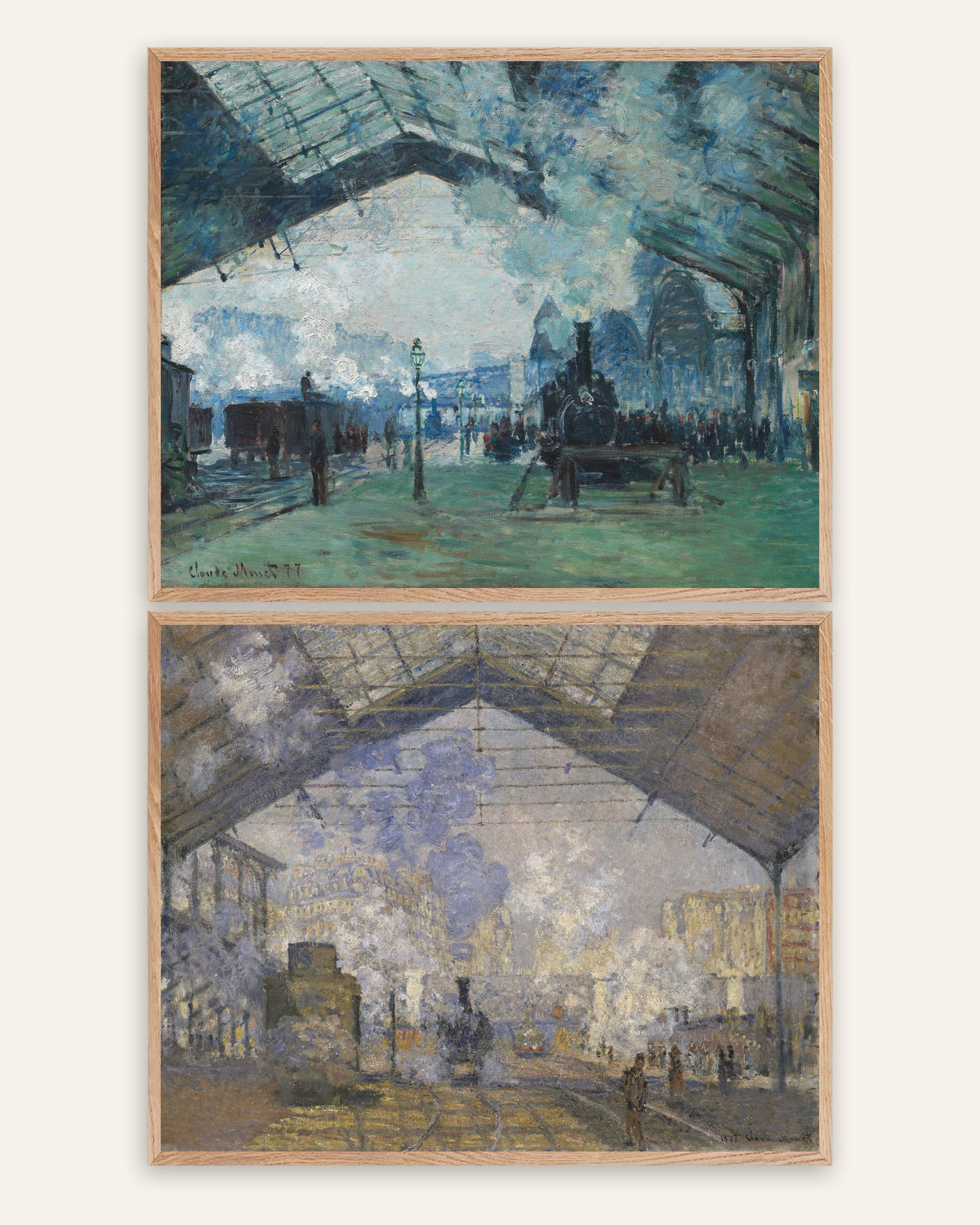 Affiches Monet Gare Saint-Lazare, lot de 2 : vapeur et trains, cadres en chêne naturel