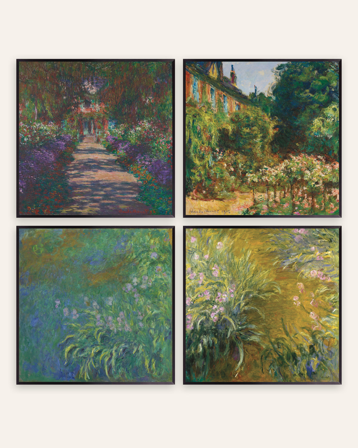 Monet tuin van Giverny posters, set van 4: laan, huis en irissen, in zwarte metalen lijsten