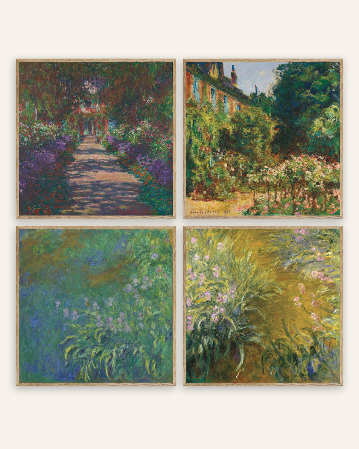 Monet tuin van Giverny posters, set van 4: laan, huis en irissen, in naturel eikenhouten lijsten