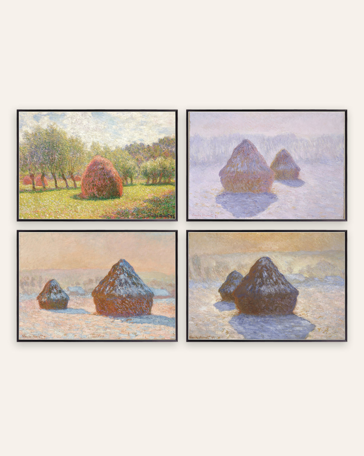 Monet graanschelven posters, set van 4: van zomer tot sneeuw, in zwarte metalen lijsten