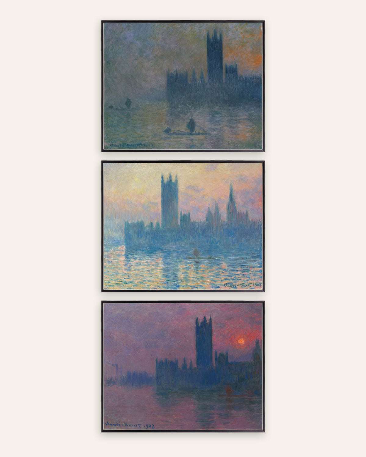 Affiches Monet Parlement de Londres, lot de 3 : brouillard et coucher de soleil, cadres en métal noir