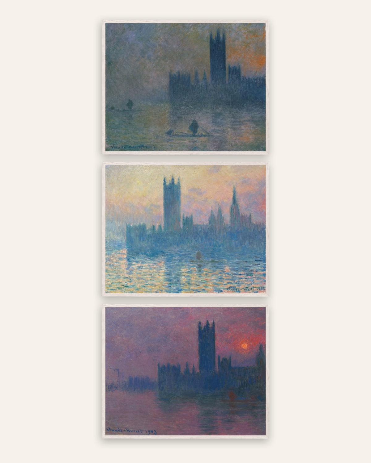 Affiches Monet Parlement de Londres, lot de 3 : brouillard et coucher de soleil, cadres en chêne blanc