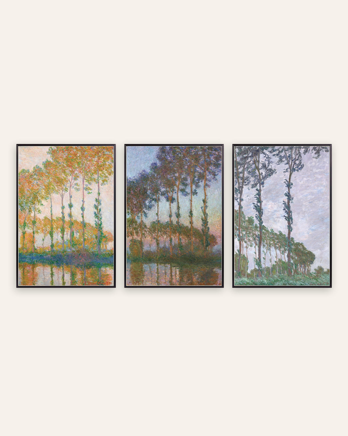 Affiches Monet Peupliers, lot de 3 : automne, crépuscule et vent, cadres en métal noir