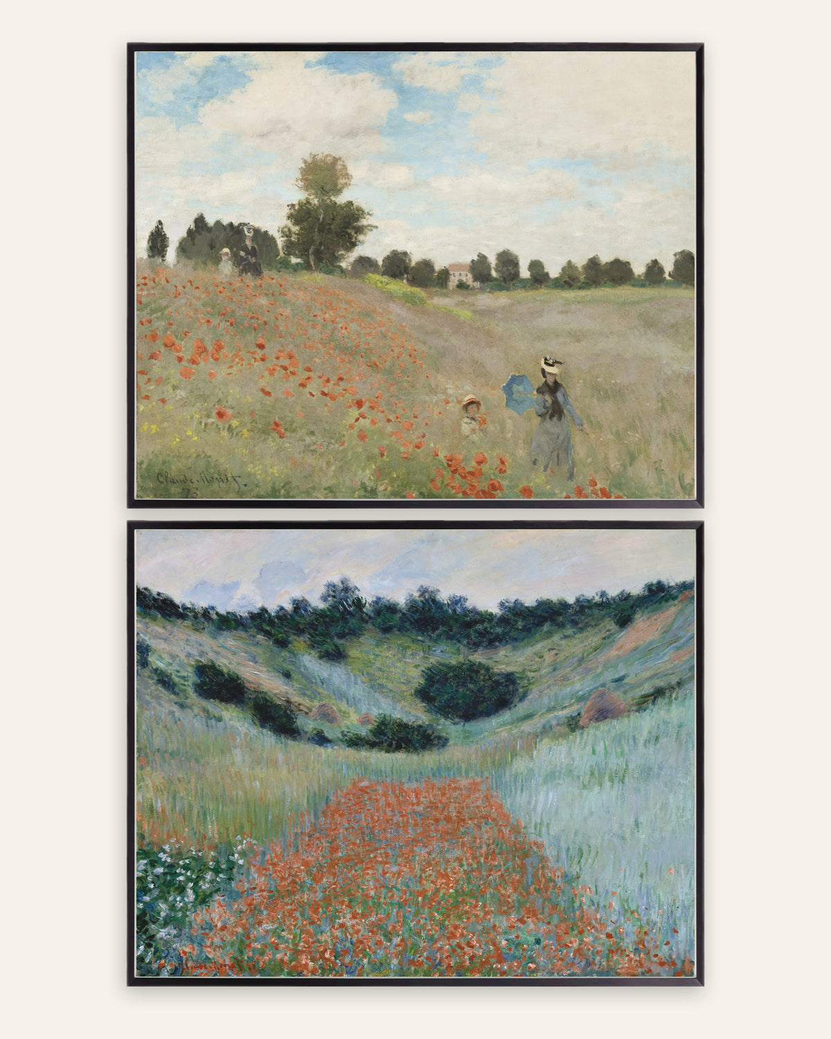 Affiches Monet Coquelicots, lot de 2 : Argenteuil et Giverny, cadres en métal noir