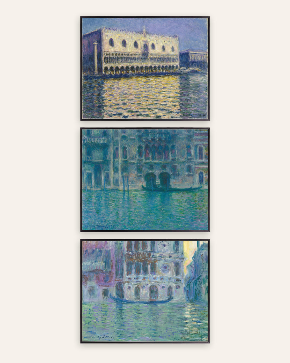 Affiches Monet Venise, lot de 3 : Palais ducal, palais da Mula et Dario, cadres en métal noir
