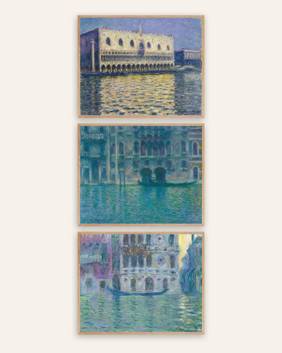 Affiches Monet Venise, lot de 3 : Palais ducal, palais da Mula et Dario, cadres en chêne naturel