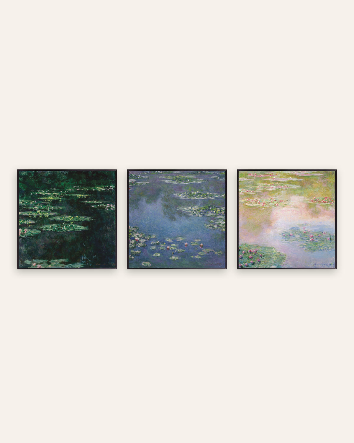 Monet waterlelies posters, set van 3: vierkante gezichten op de vijver, in zwarte metalen lijsten