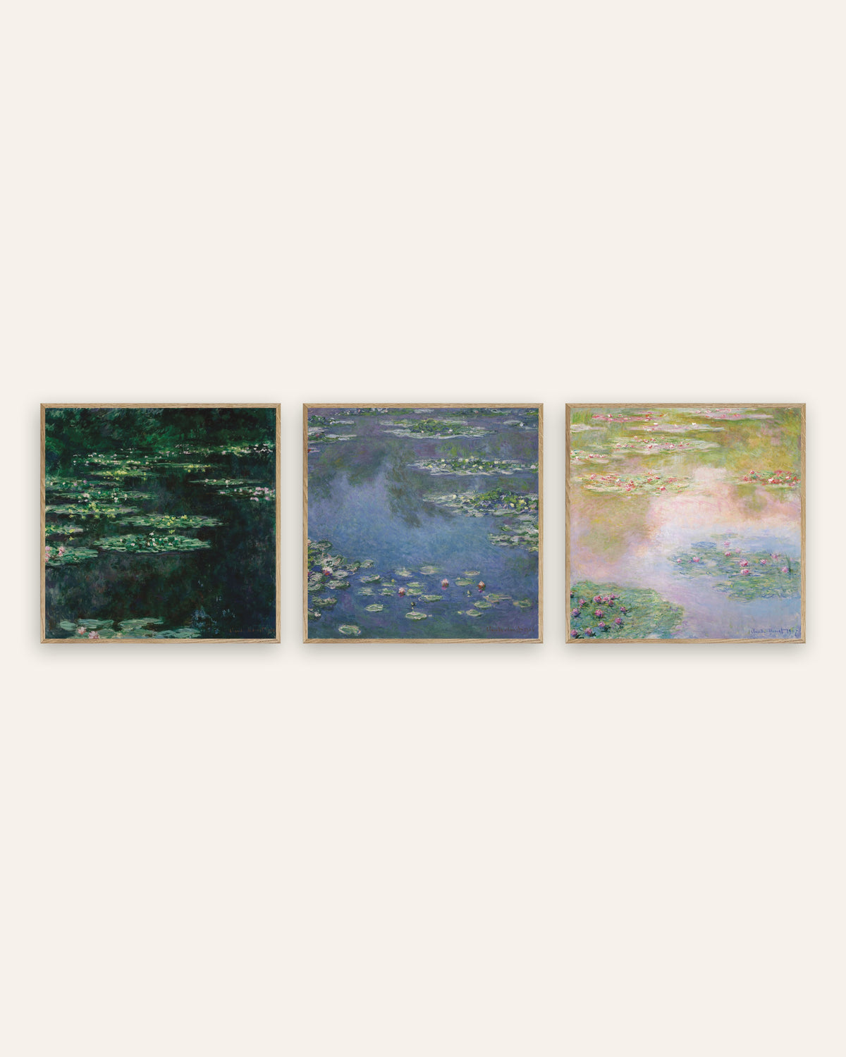 Affiches Monet Nymphéas, lot de 3 : le bassin au format carré, cadres en chêne naturel