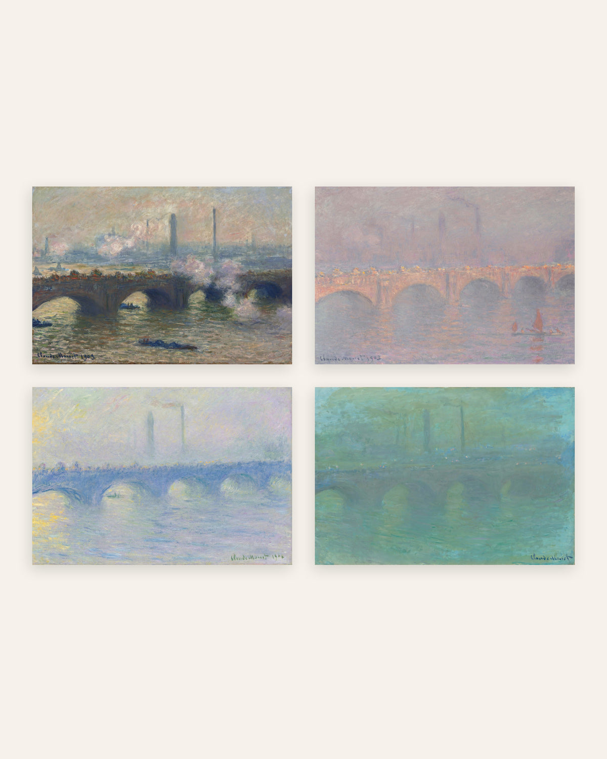 Monet Waterloo Bridge posters, set van 4: grijze dag, zon, nevel en schemering, zonder lijst