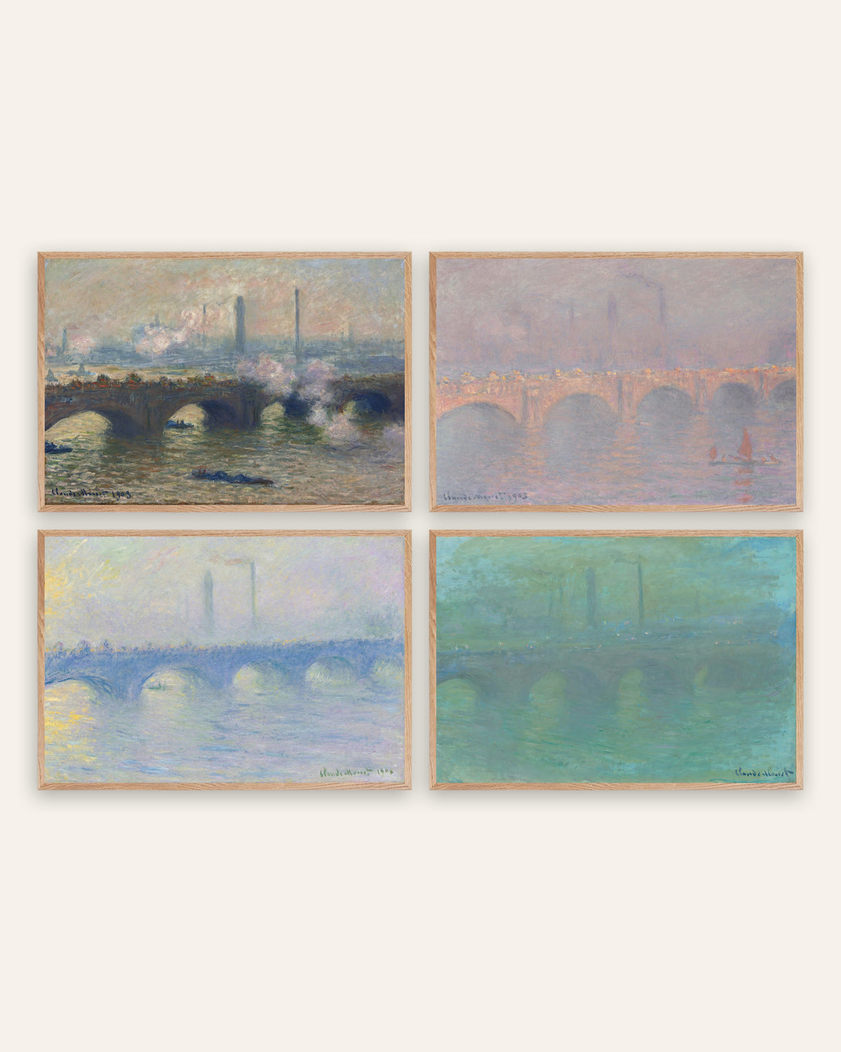 Monet Waterloo Bridge posters, set van 4: grijze dag, zon, nevel en schemering, in naturel eikenhouten lijsten