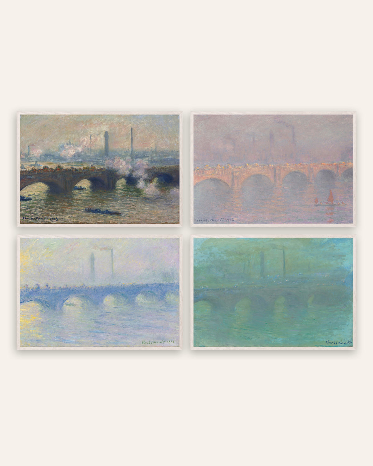 Monet Waterloo Bridge posters, set van 4: grijze dag, zon, nevel en schemering, in witte eikenhouten lijsten