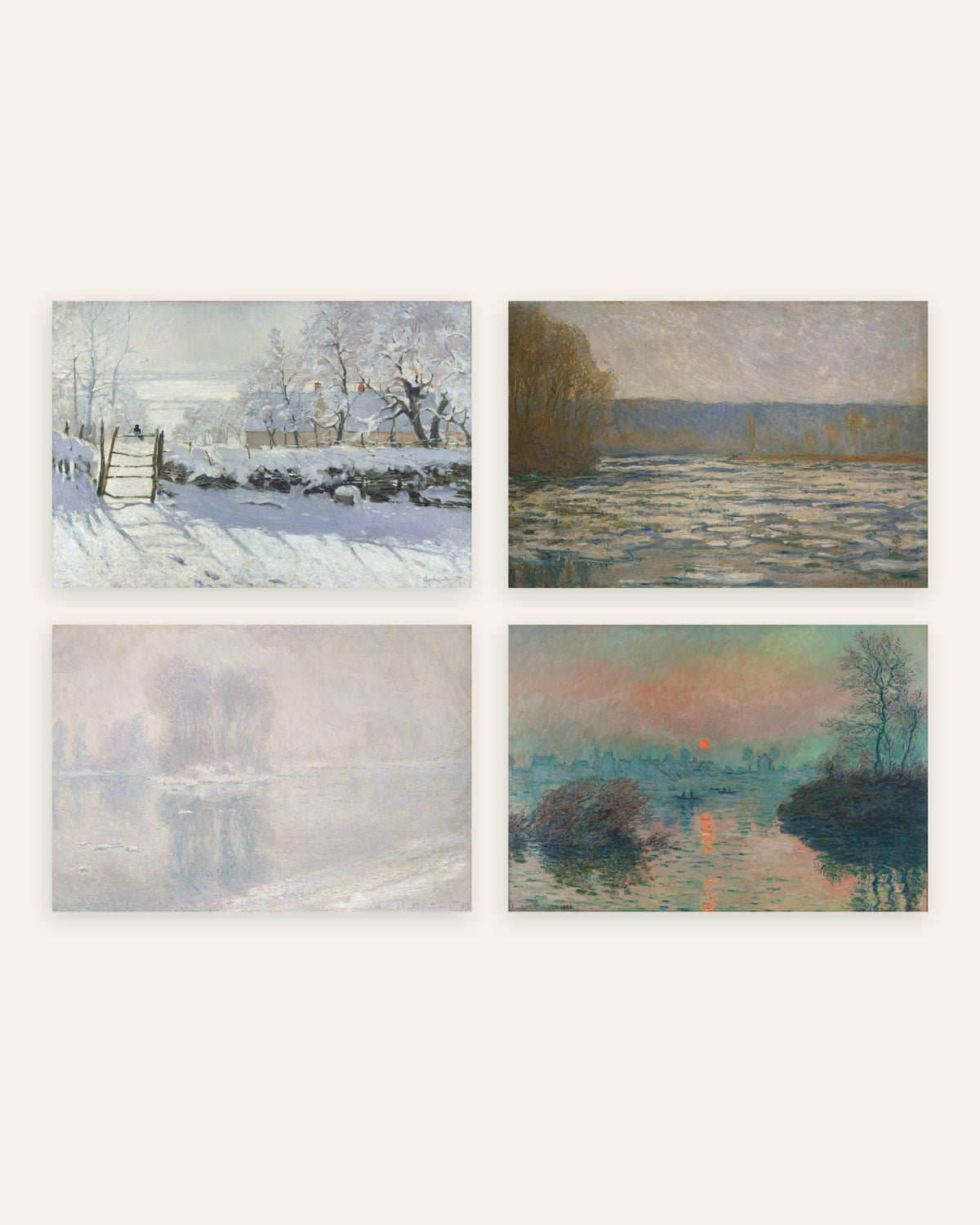 Affiches Monet hiver, lot de 4 : la Pie, la glace et le soleil d’hiver, sans cadre