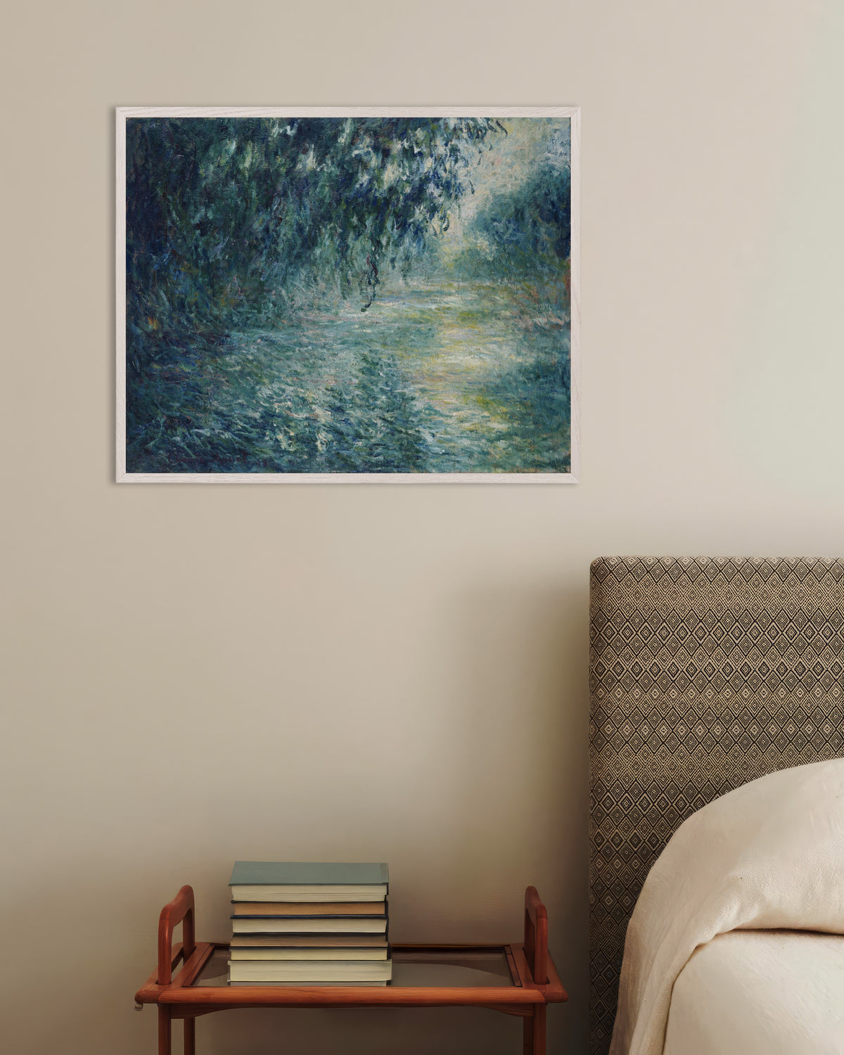 Poster Ochtend aan de Seine (1898) van Claude Monet met witte houten lijst