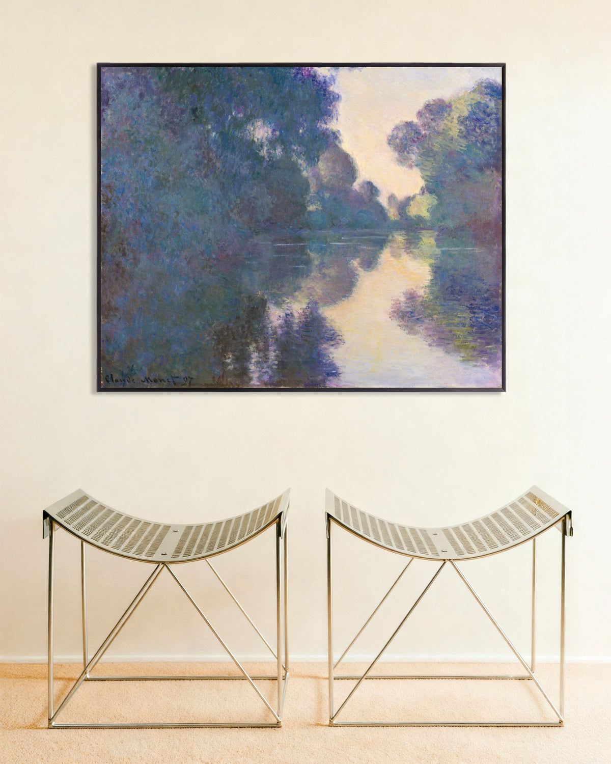 Poster Ochtend aan de Seine bij Giverny (1897) van Claude Monet met metalen lijst