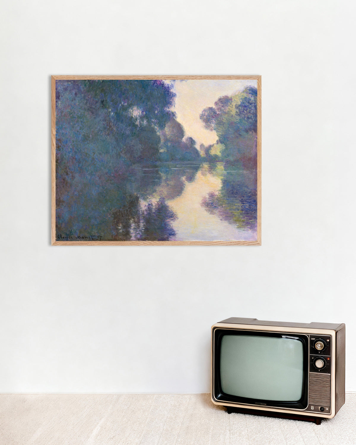 Poster Ochtend aan de Seine bij Giverny (1897) van Claude Monet met naturel houten lijst