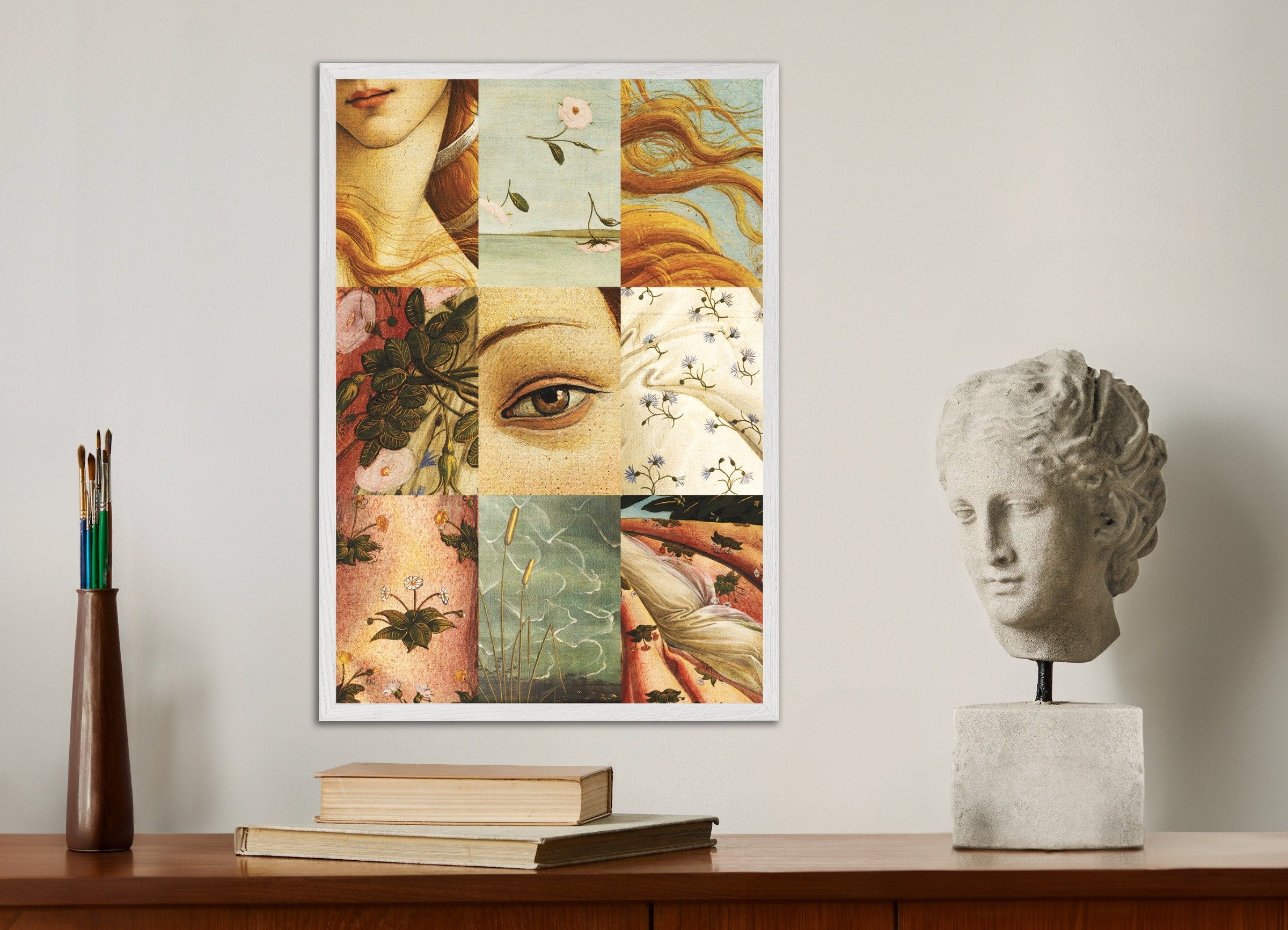 Poster of Mosaic of Botticelli’s Venus details, with white wooden frame