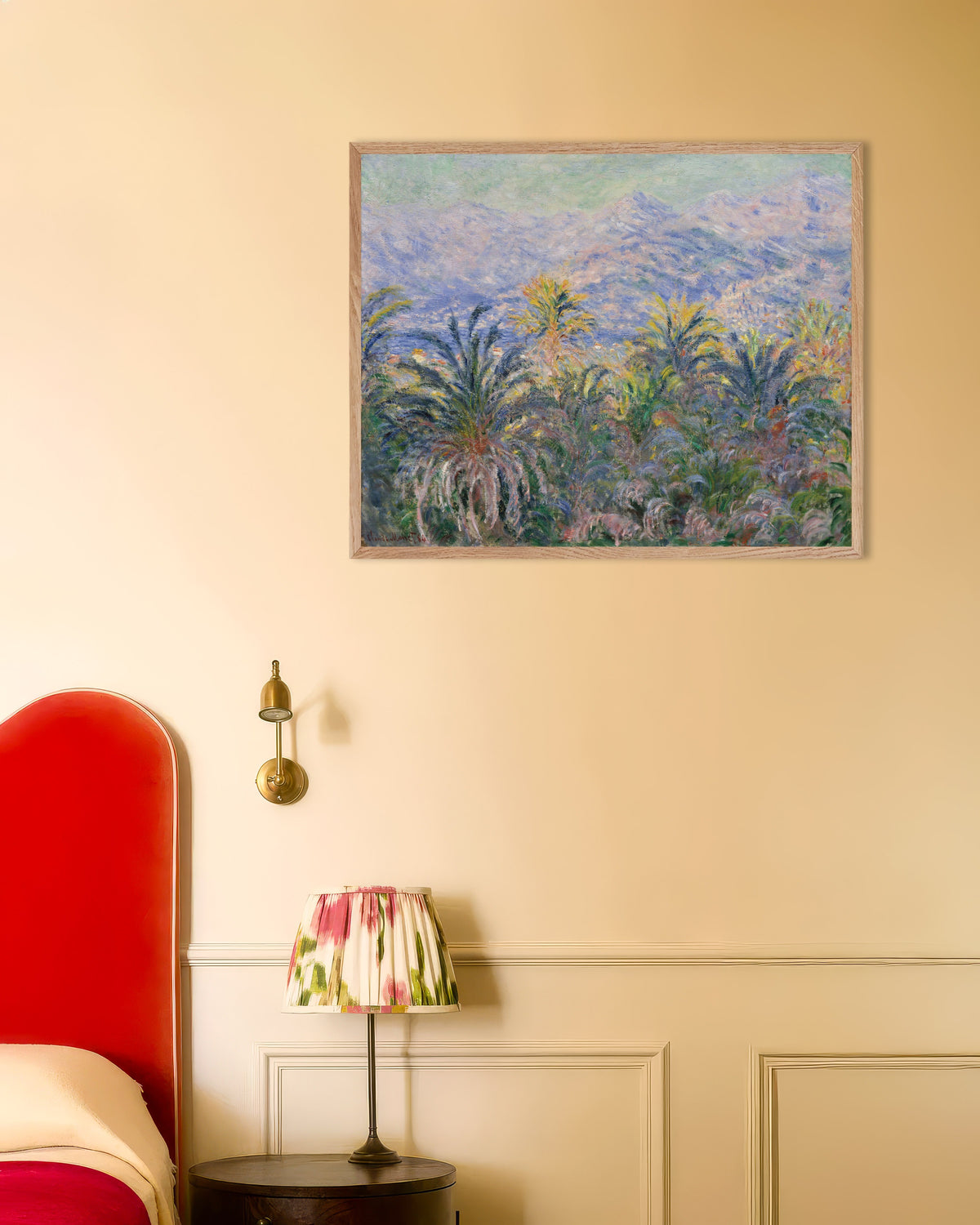 Poster Palmbomen in Bordighera (1884) van Claude Monet met naturel houten lijst