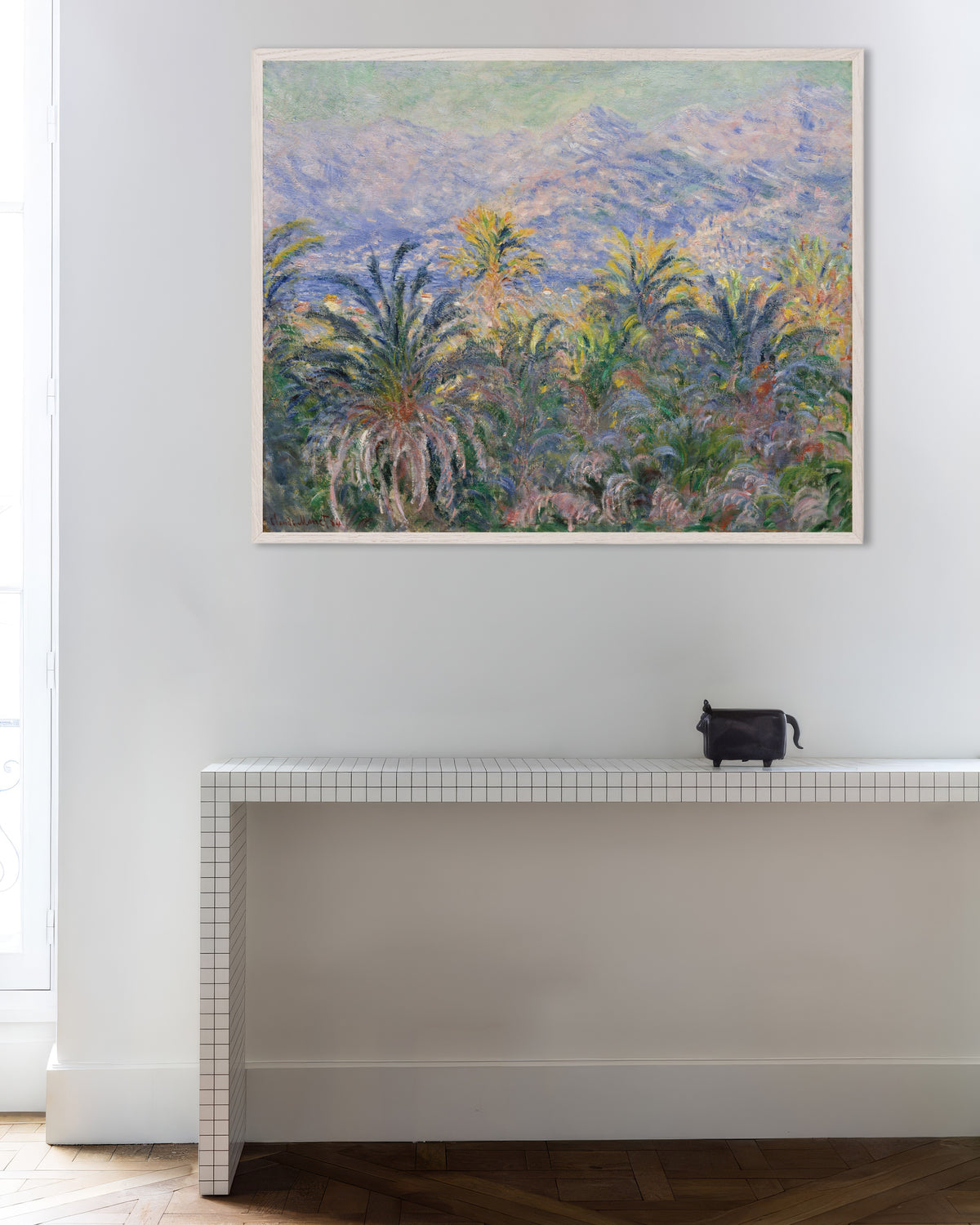Poster Palmbomen in Bordighera (1884) van Claude Monet met witte houten lijst