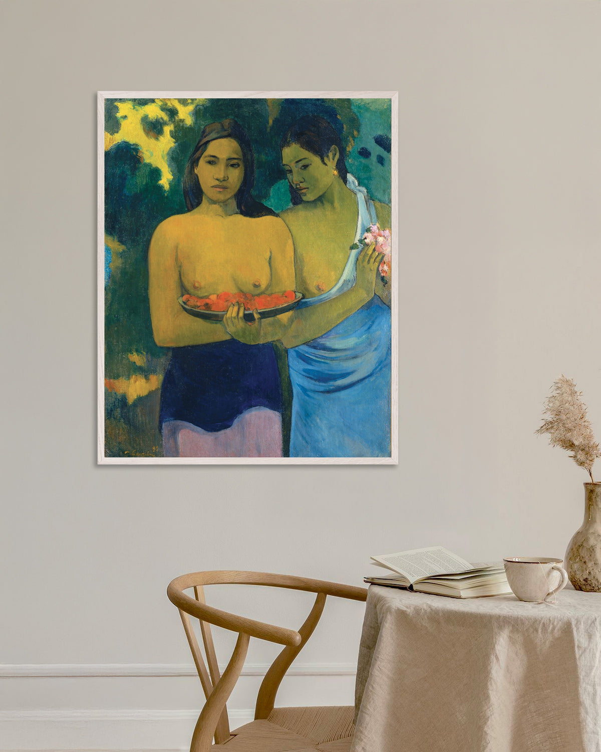 Poster Paul Gauguin, Les Seins aux fleurs rouges, avec cadre en bois blanc