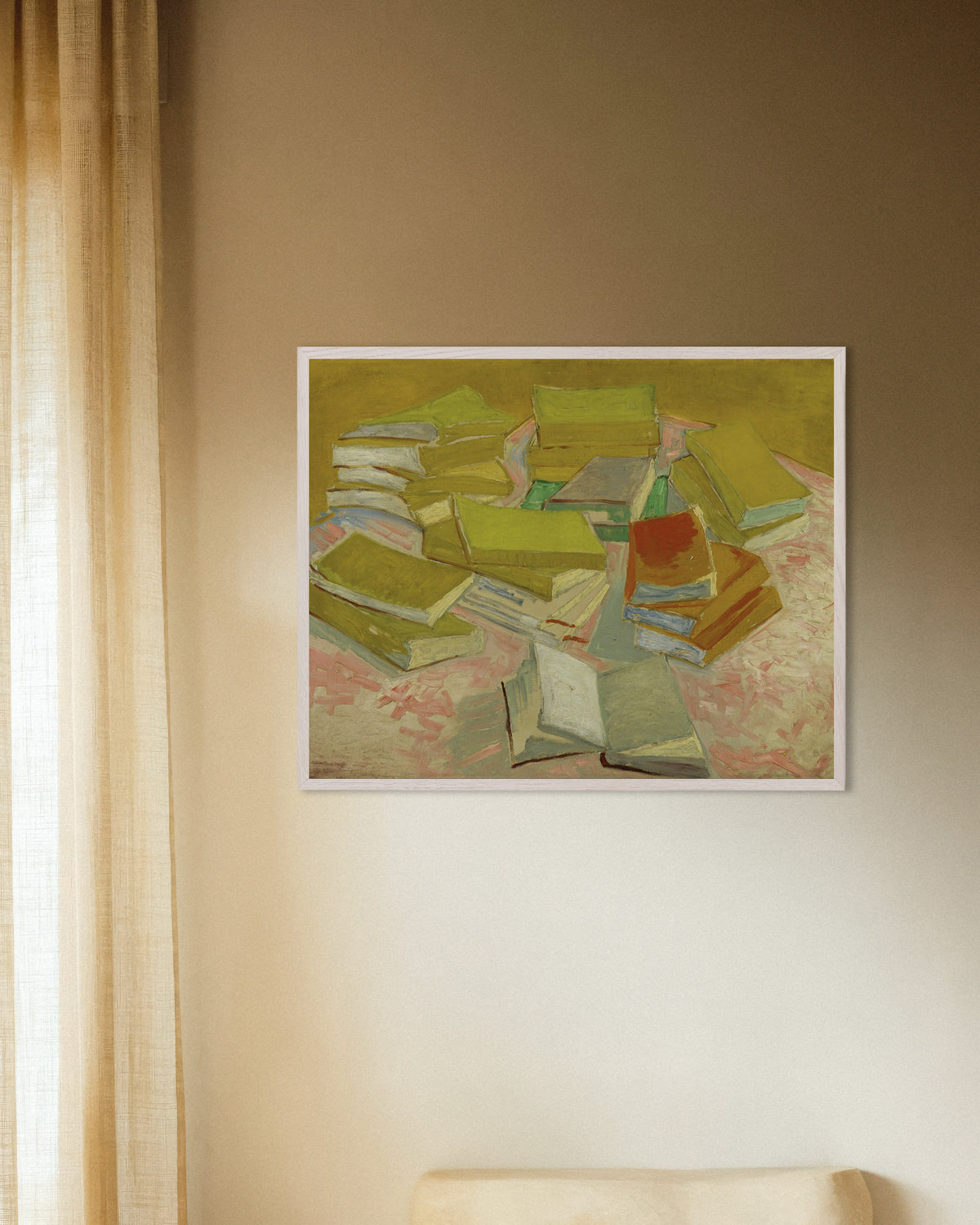 Poster van Stapel Franse romans (1887) van Vincent van Gogh, met witte houten lijst