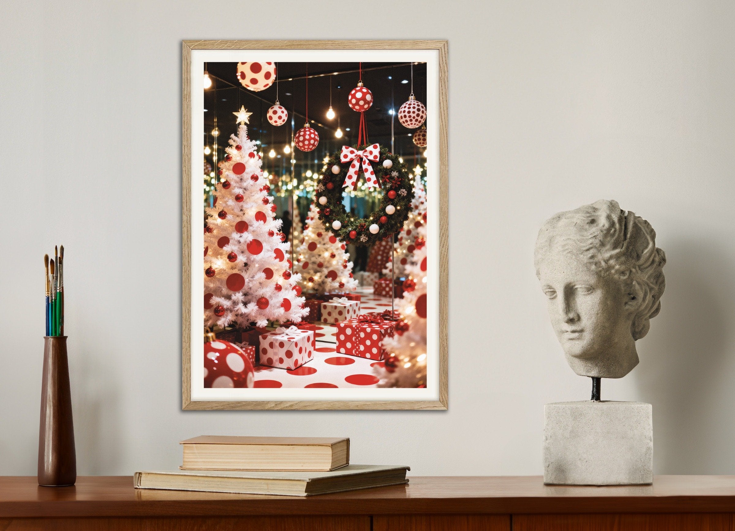 Poster of Polka dot Christmas room poster, with natural wooden frame
