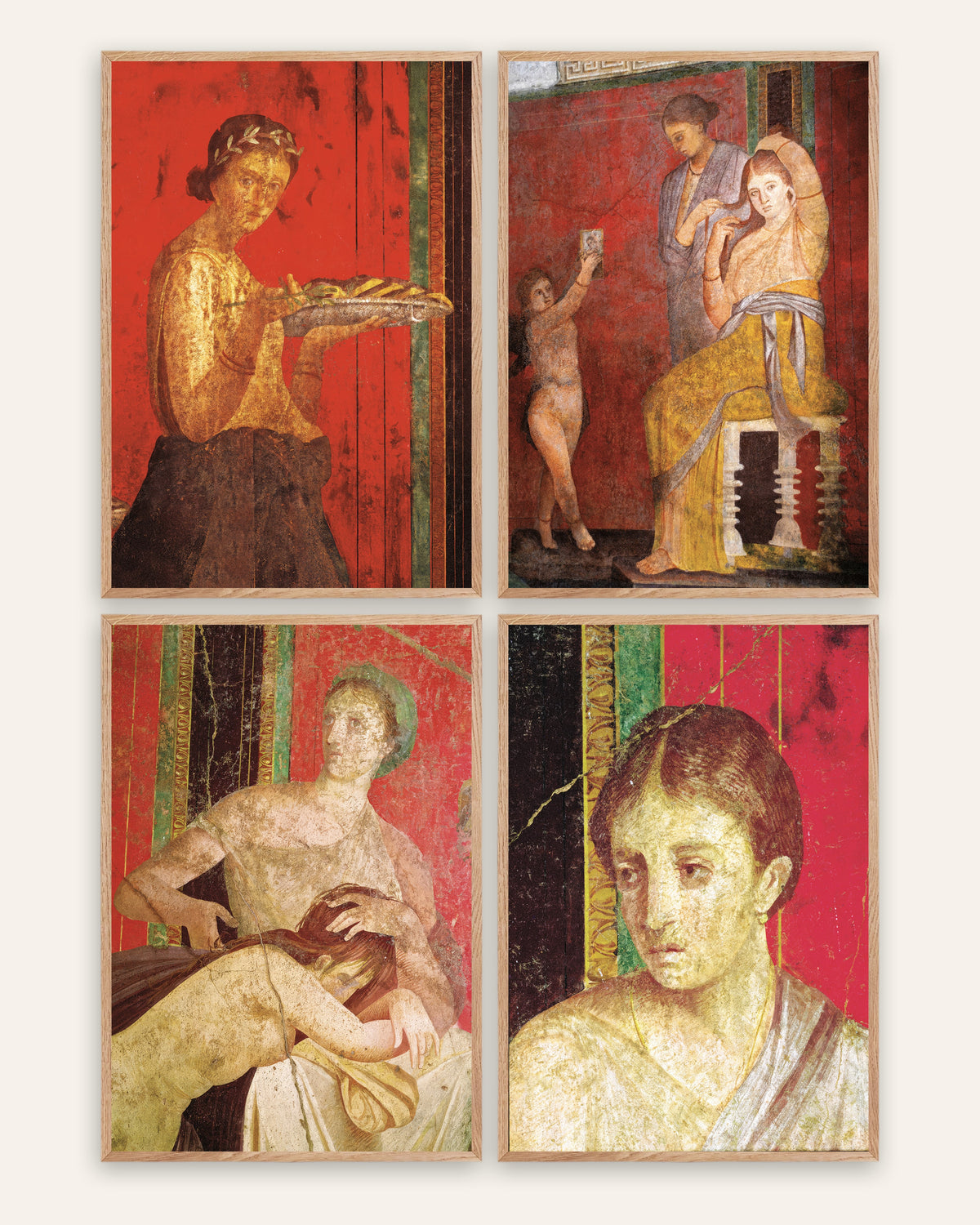 Pompeii fresco posters, set van 4: Villa der Mysteriën, in naturel eikenhouten lijsten
