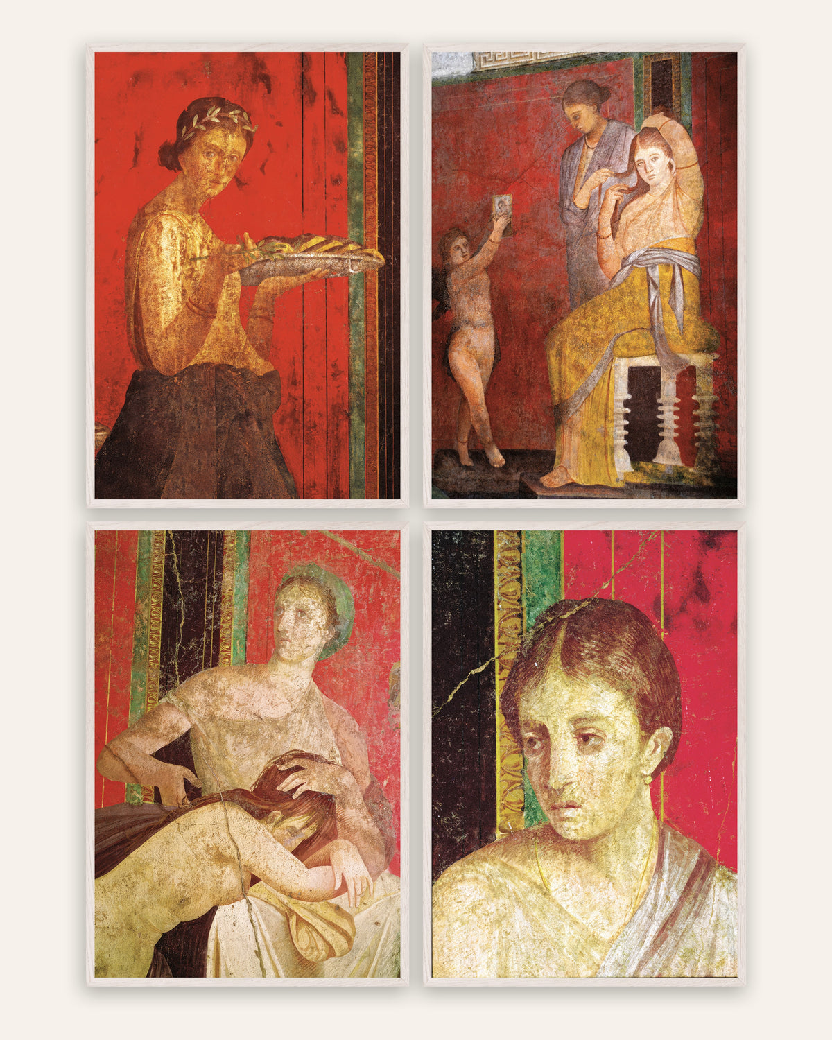 Pompeii fresco posters, set van 4: Villa der Mysteriën, in witte eikenhouten lijsten