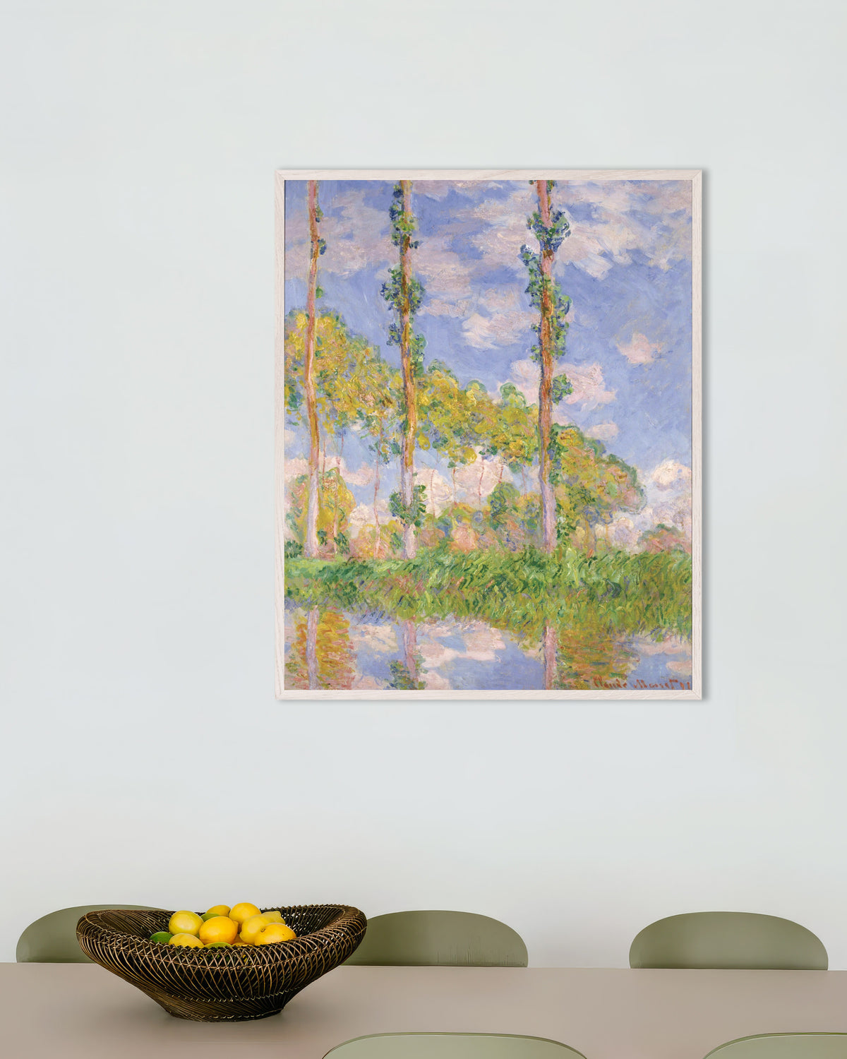 Affiche Peupliers au soleil (1891) de Claude Monet, avec un cadre en bois blanc