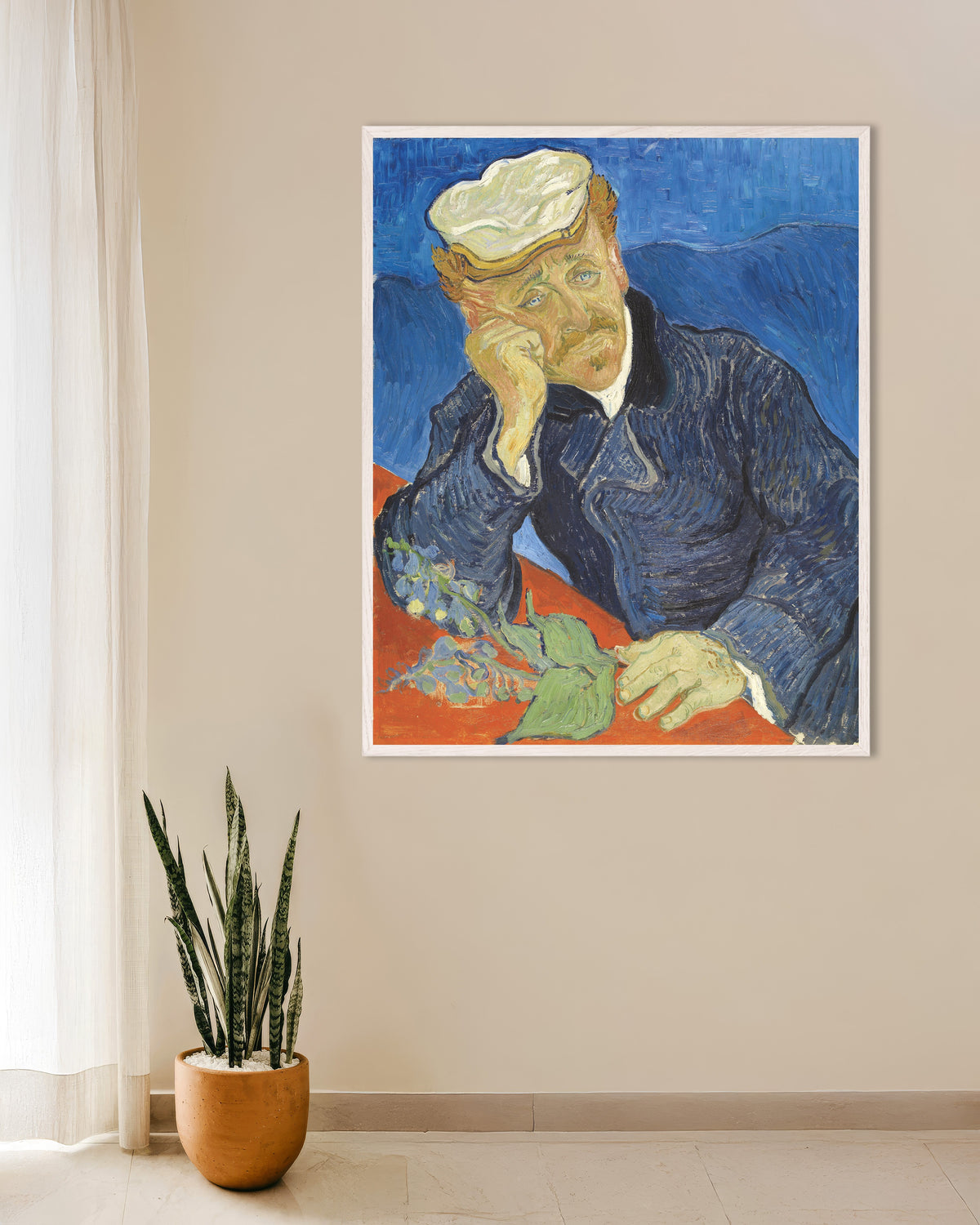Poster de Portrait du docteur Gachet (1890) de Vincent van Gogh, avec un cadre en bois blanc