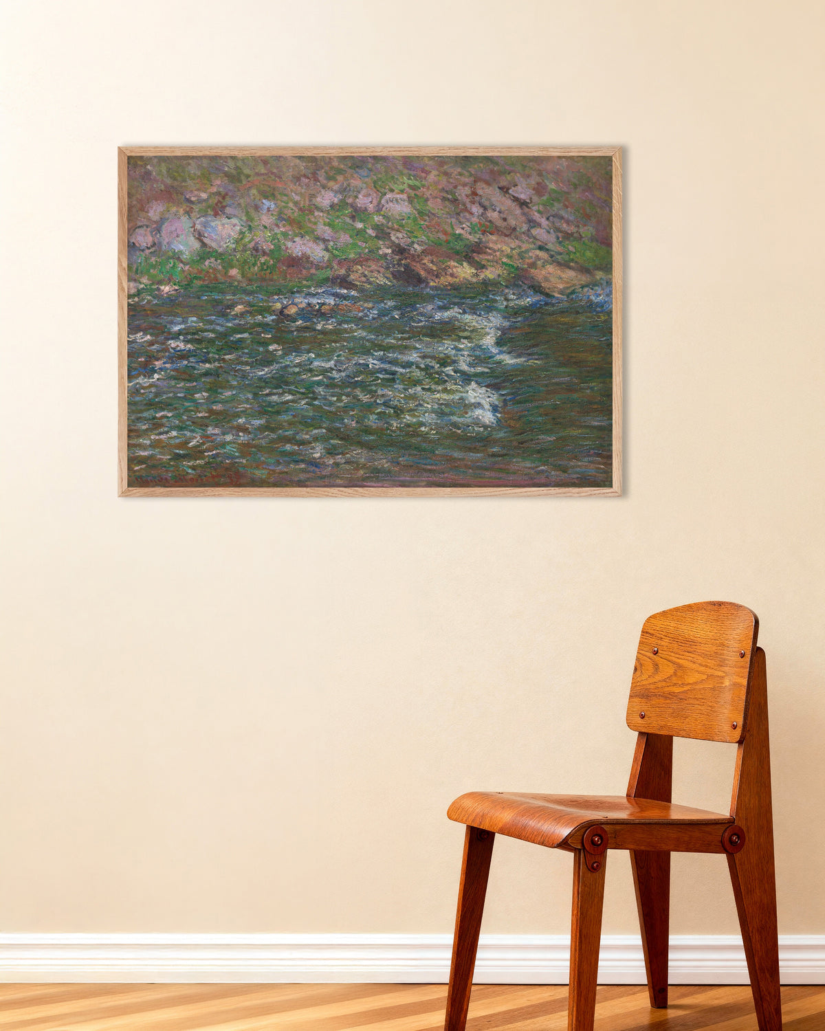 Affiche Rapides sur la Petite Creuse à Fresselines (1889) de Claude Monet, avec un cadre en bois naturel