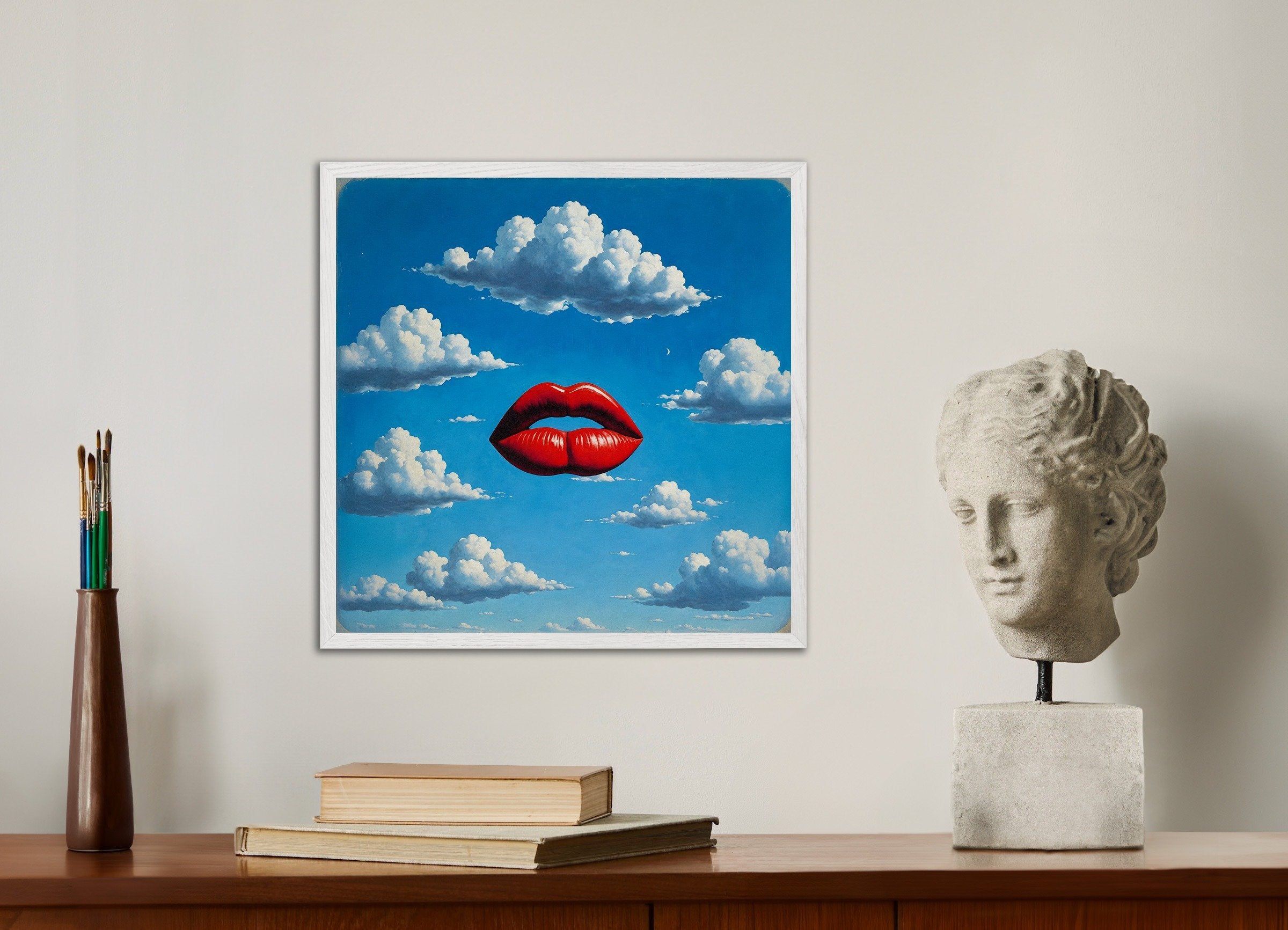 Poster of Red Lips Poster – Dreamlike Surrealism Art, with white wooden frame