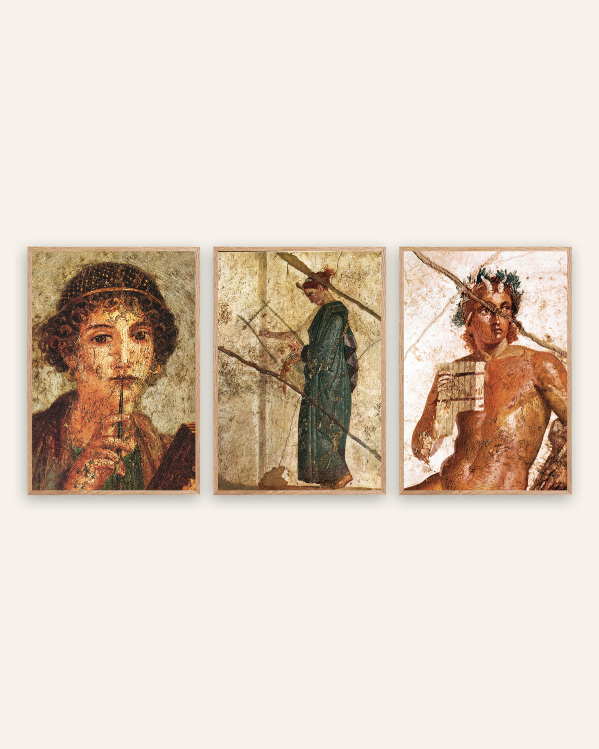Romeinse fresco posters, set van 3: poëzie en muziek, Sappho, lier en Pan, in naturel eikenhouten lijsten