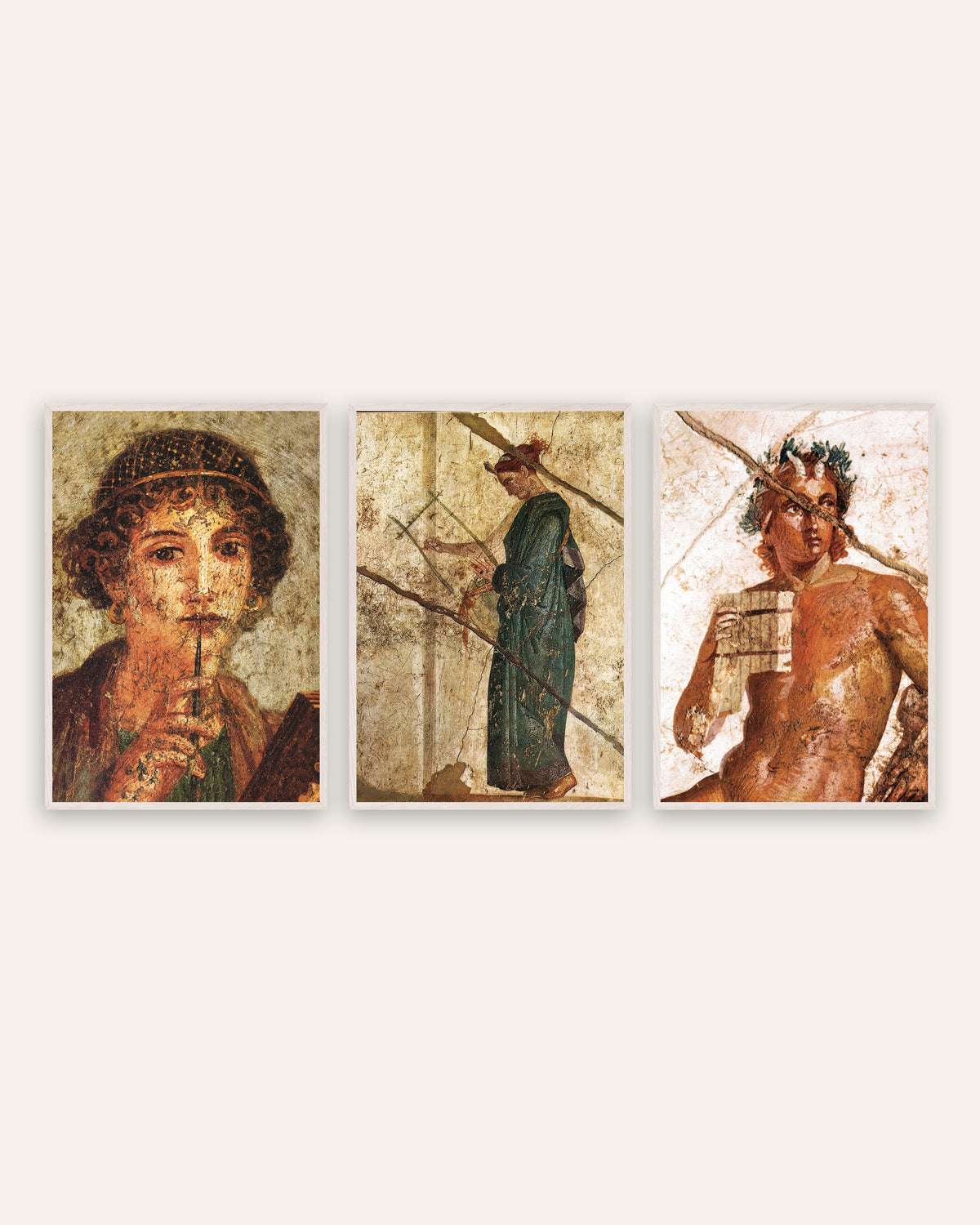 Romeinse fresco posters, set van 3: poëzie en muziek, Sappho, lier en Pan, in witte eikenhouten lijsten