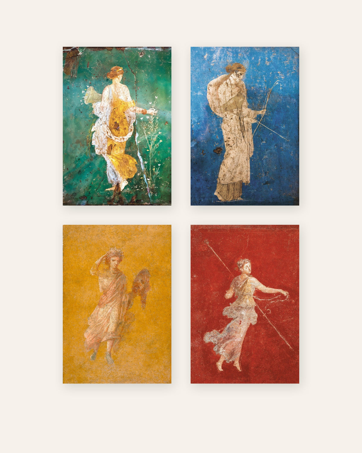 Lot de 4 affiches de fresques romaines, Flora, Artémis, Melpomène et Ménade, sans cadre