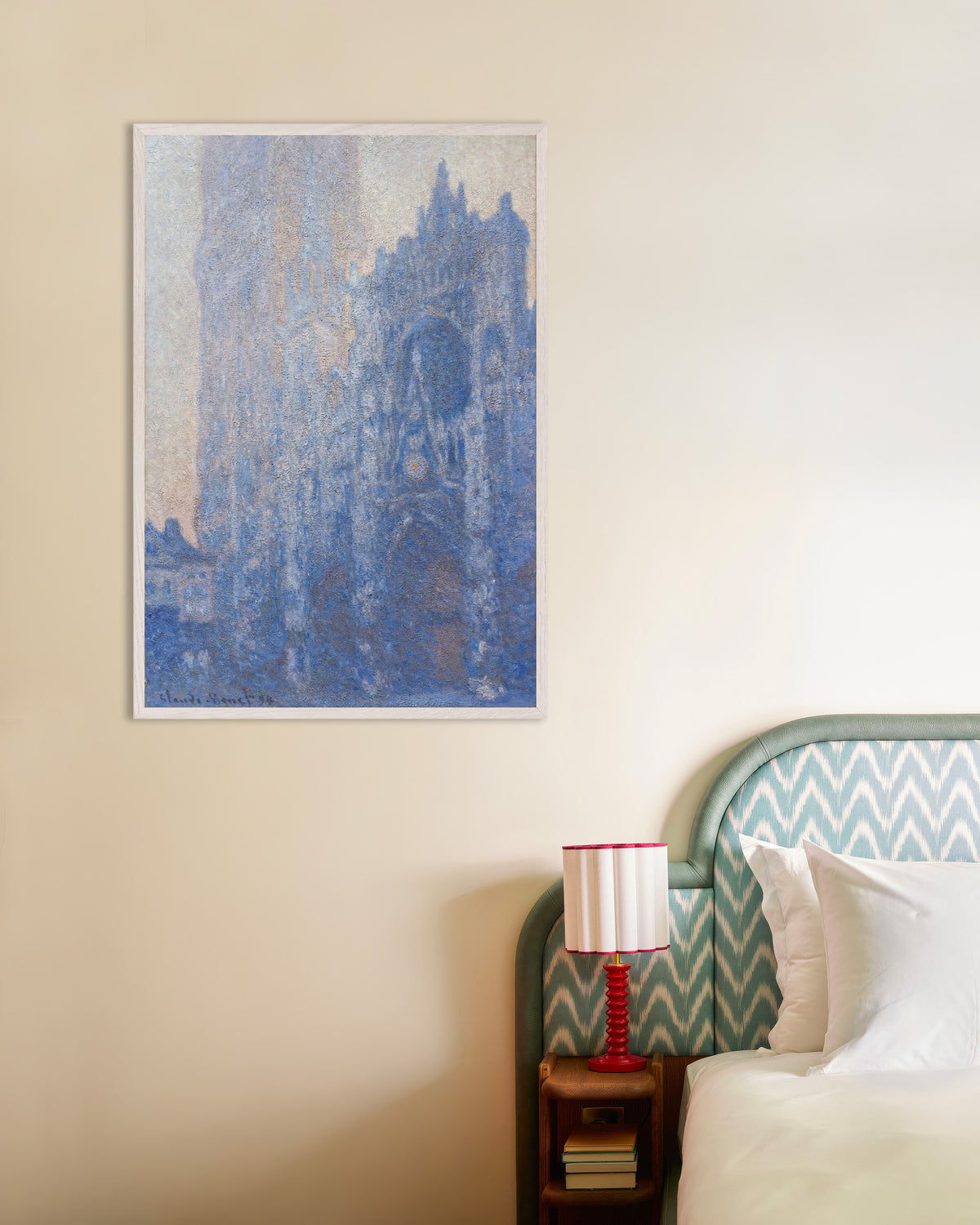Affiche La Cathédrale de Rouen, le portail et la tour d'Albane, effet du matin (1894) de Claude Monet, avec un cadre en bois blanc