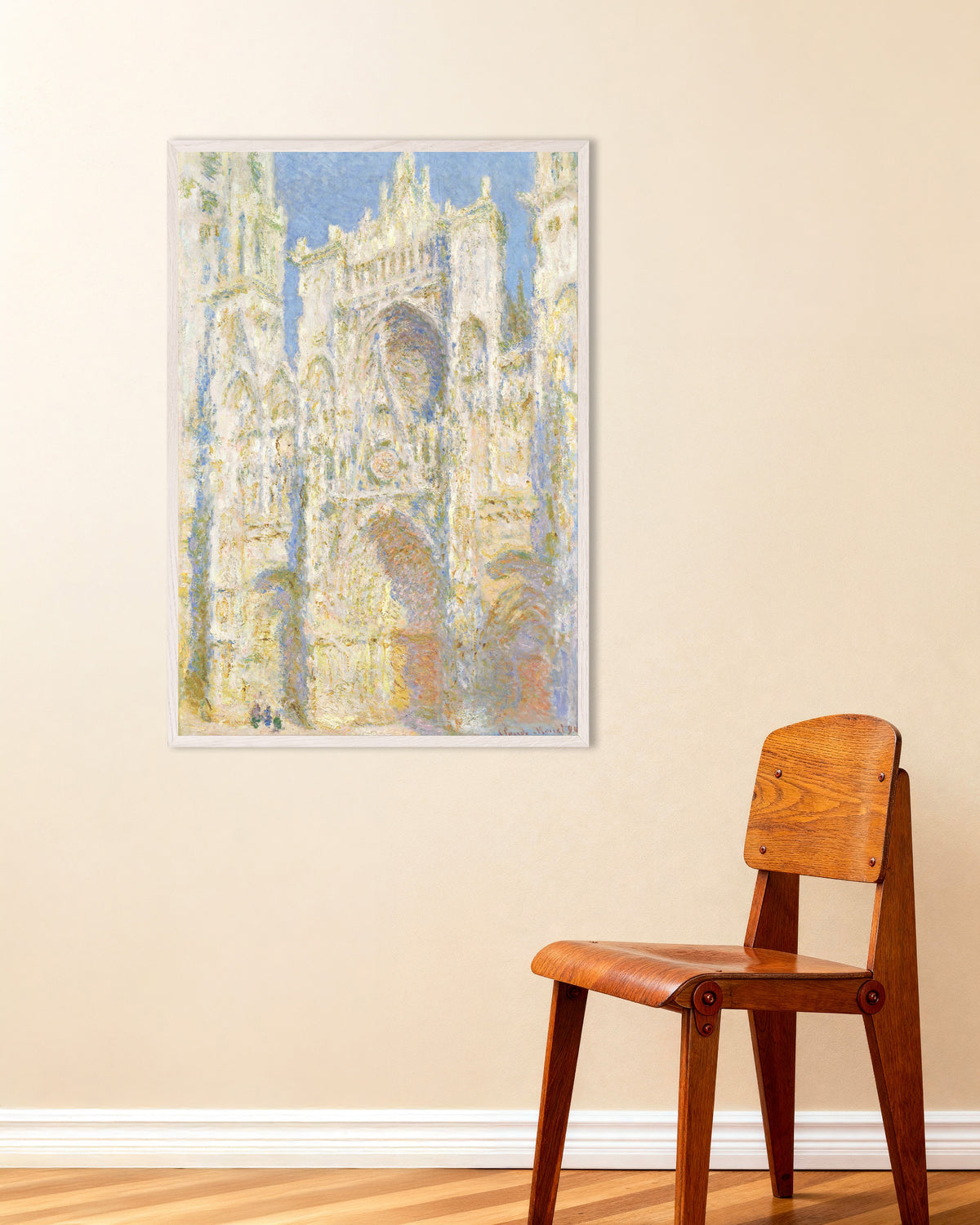 Poster De kathedraal van Rouen, westgevel in de zon (1894) van Claude Monet met witte houten lijst